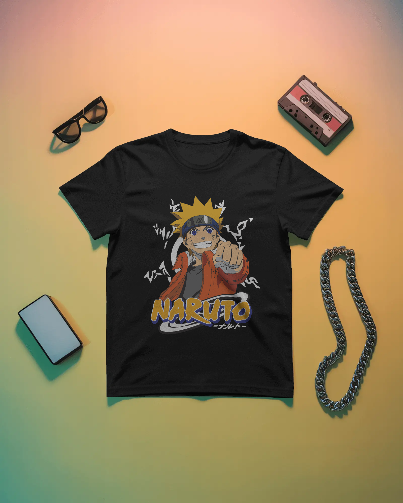 Black t-shirt with Naruto graphic design on a gradient background
