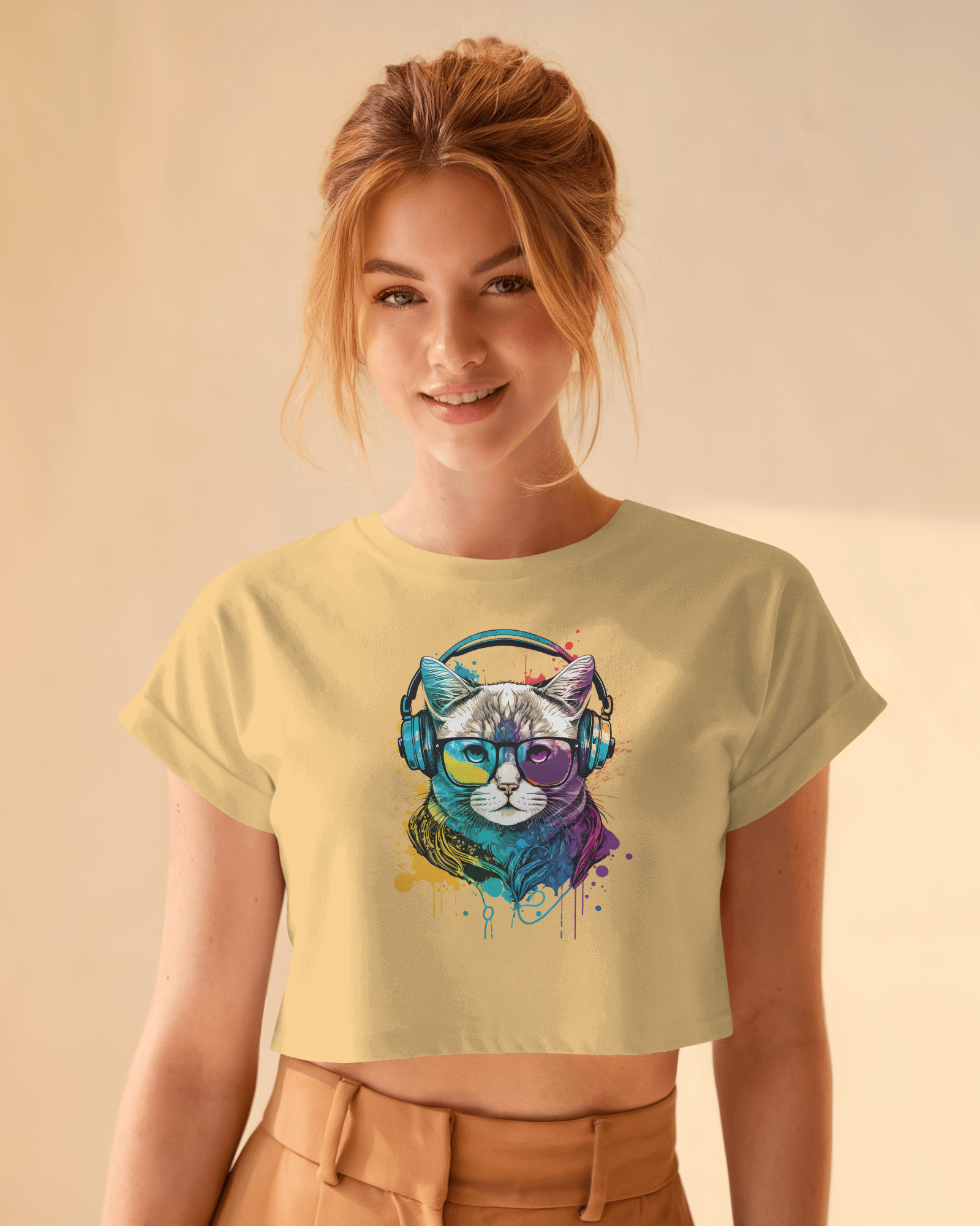 woman wearing cat graphic printed crop top for women