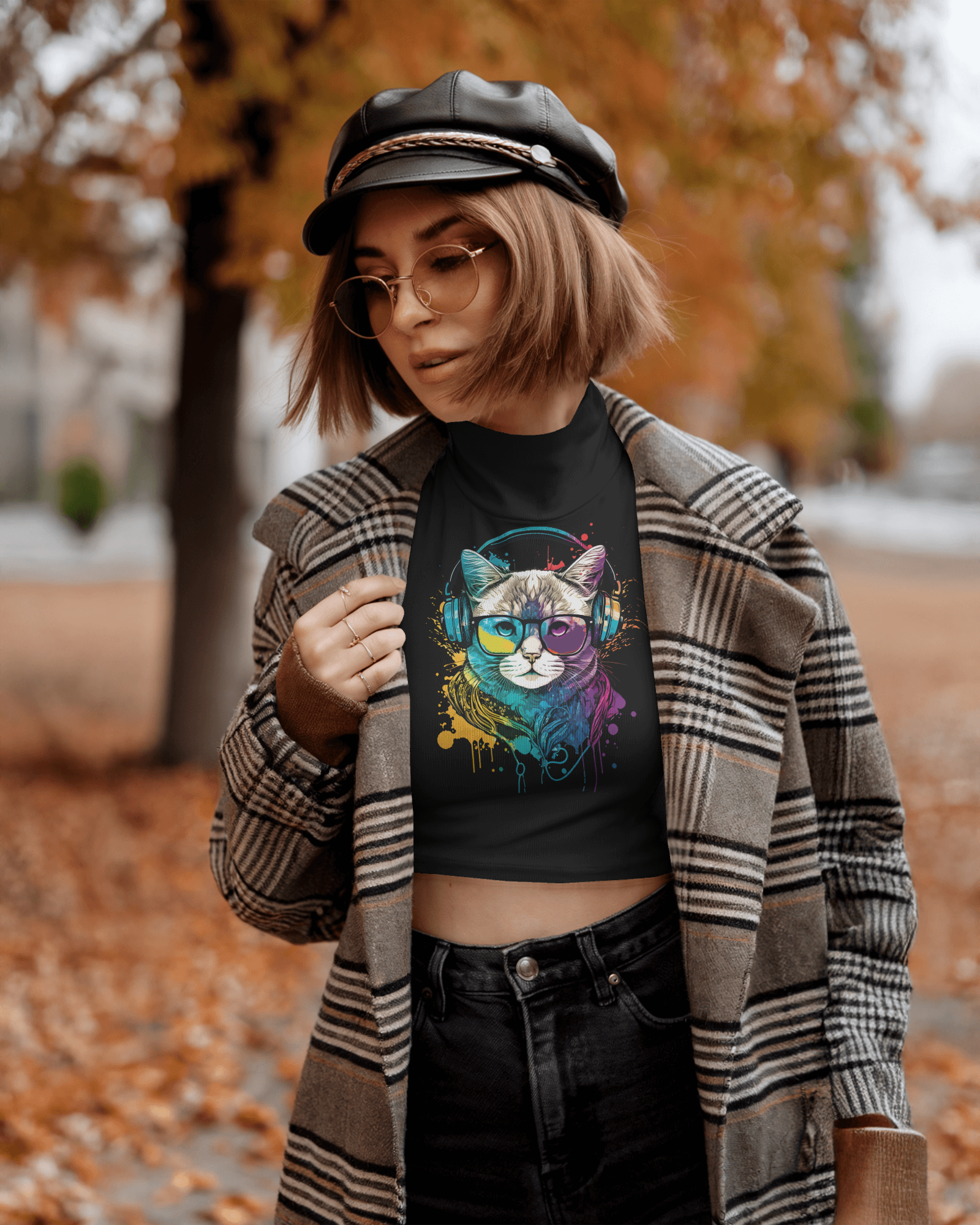 woman wearing cat graphic printed crop top black