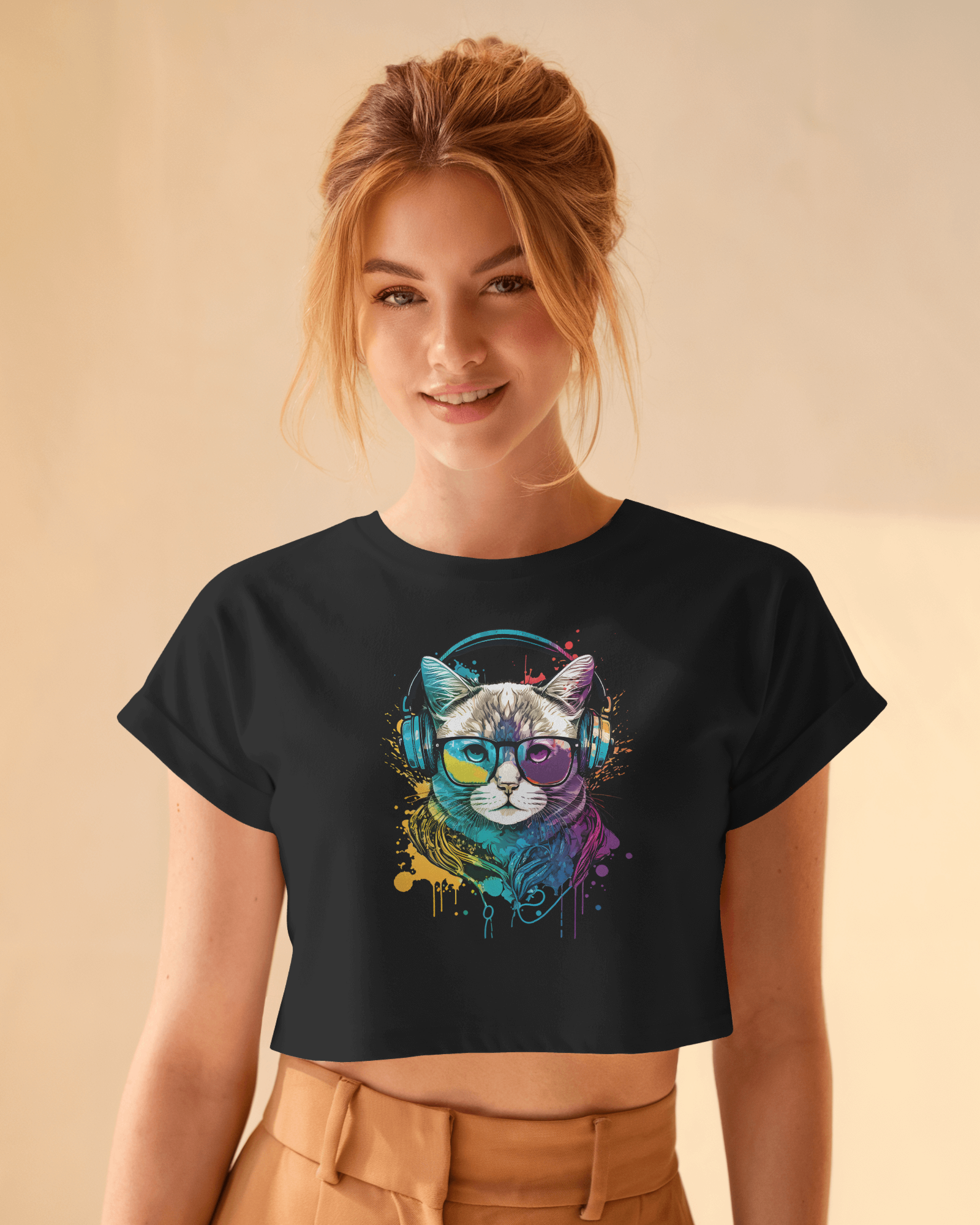 woman wearing cat graphic printed black crop top for women 