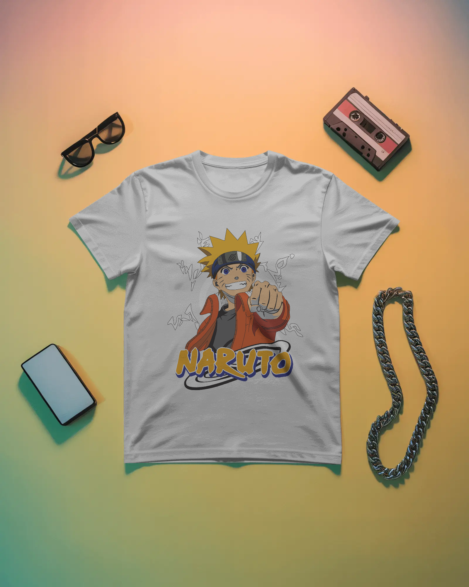 White t-shirt with 'Naruto' graphic design on a gradient background
