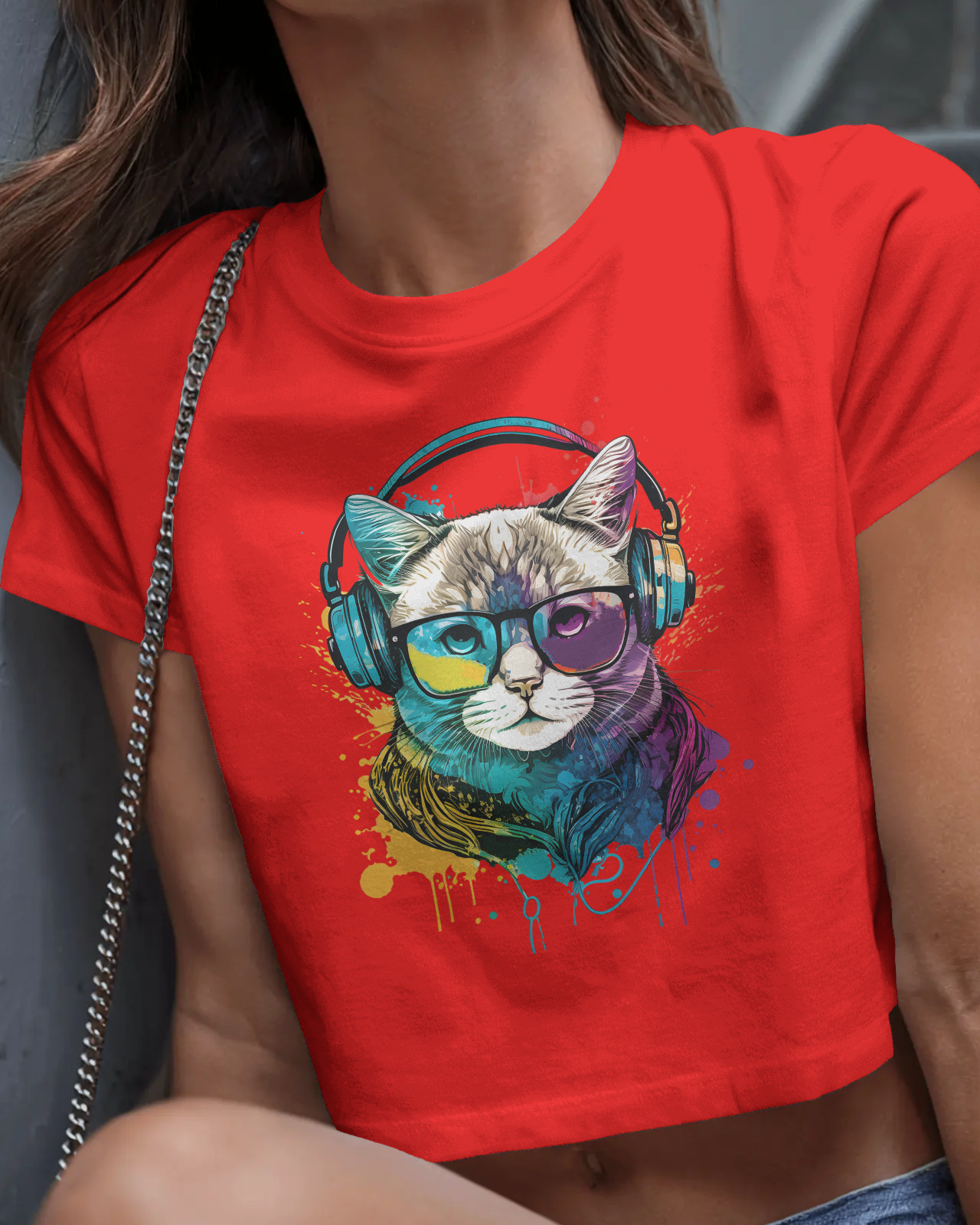 woman wearing dog graphic printed crop top for women 