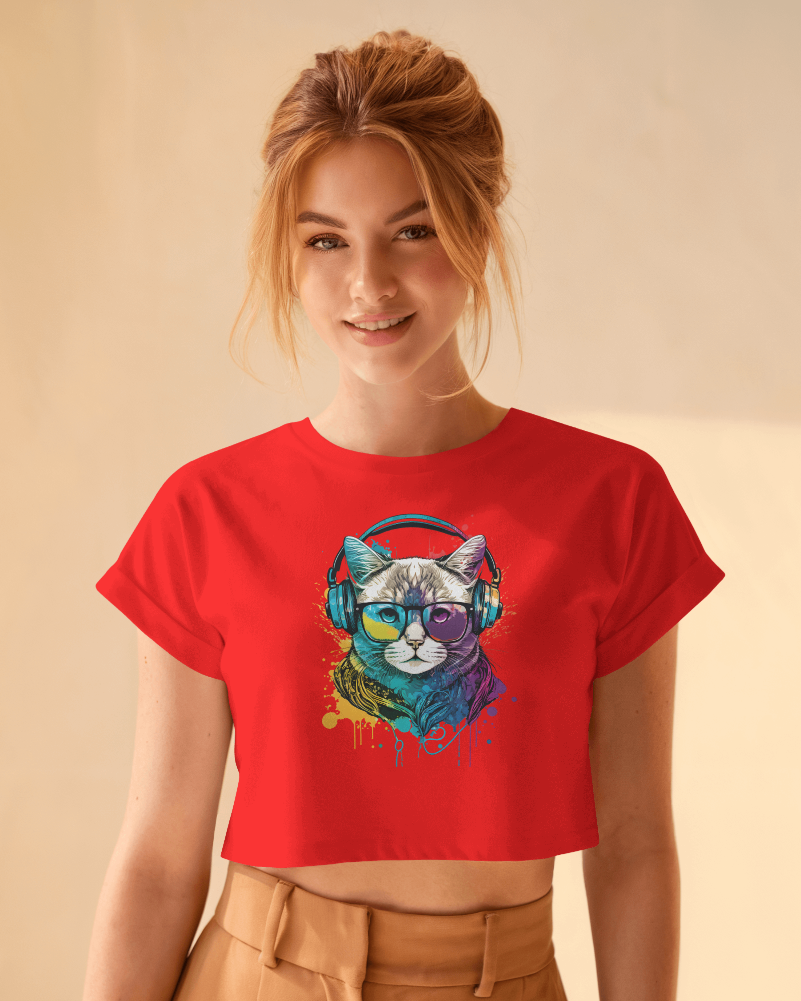 woman wearing cat graphic printed red crop top