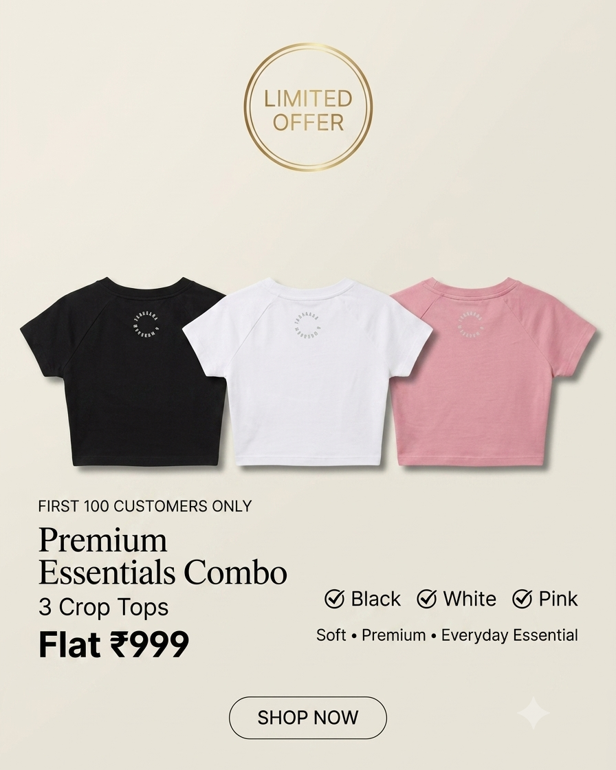 Three toddler crop top t-shirts in black, white, and pink are displayed side-by-side on a light beige background with promotional text and a 'LIMITED OFFER' badge.