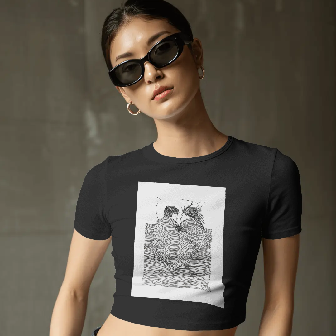Crop top featuring minimal line-art sleeping couple illustration – Tanabana A Manoram.