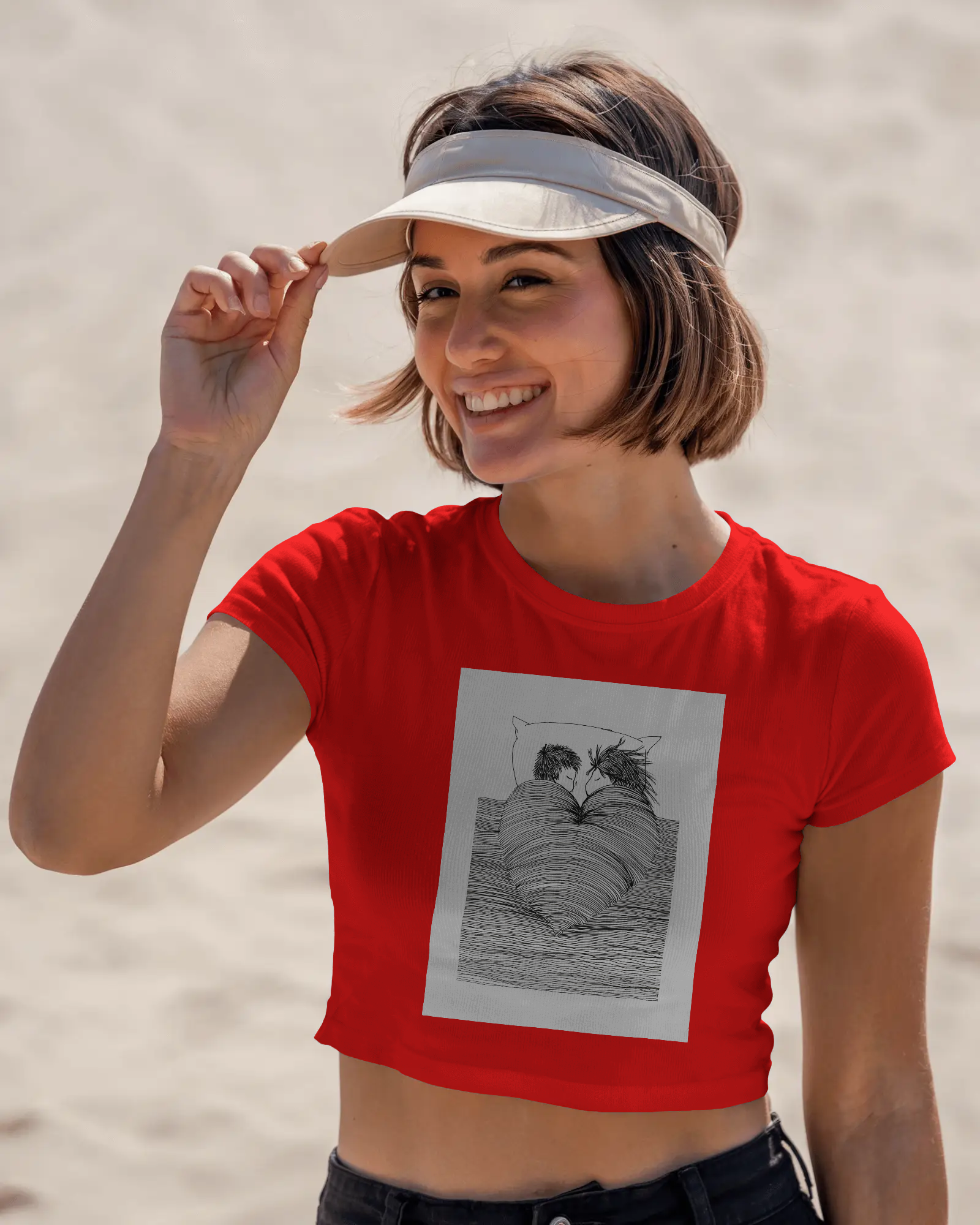 Crop top featuring minimal line-art sleeping couple illustration – Tanabana A Manoram.