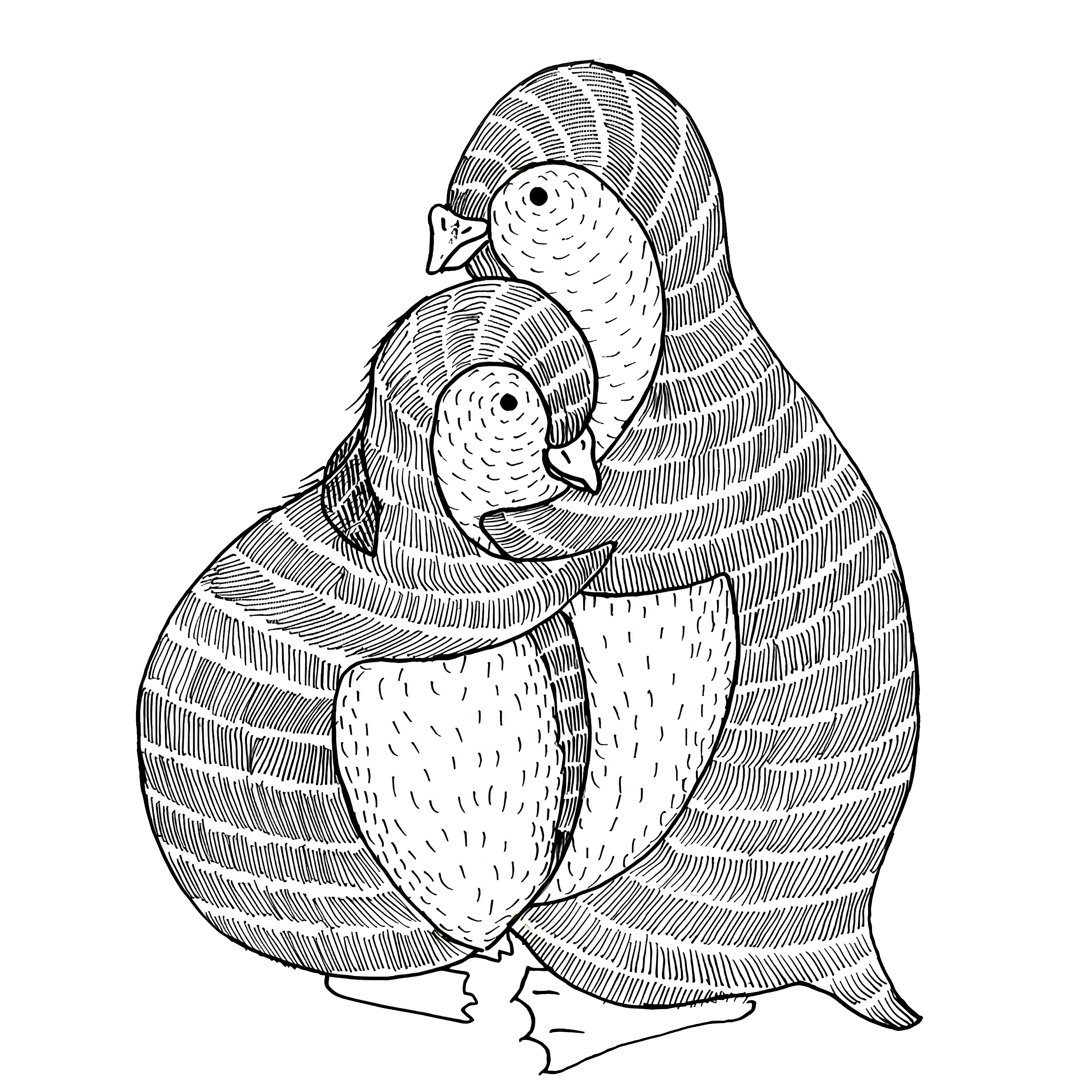 Black and white illustration of two turkeys hugging on a white background