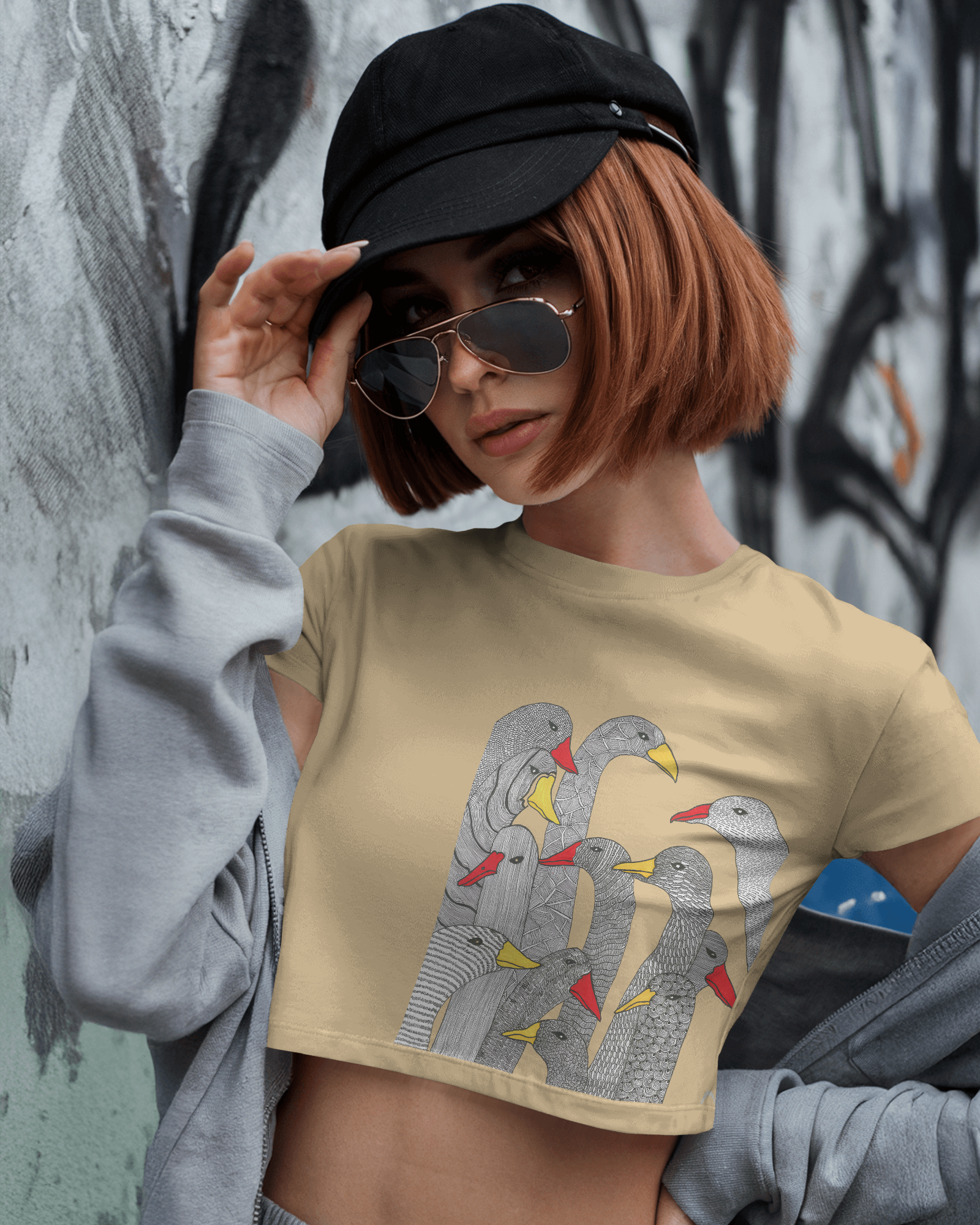 Woman wearing crop top with hand-drawn birds illustration design – Tanabana A Manoram.