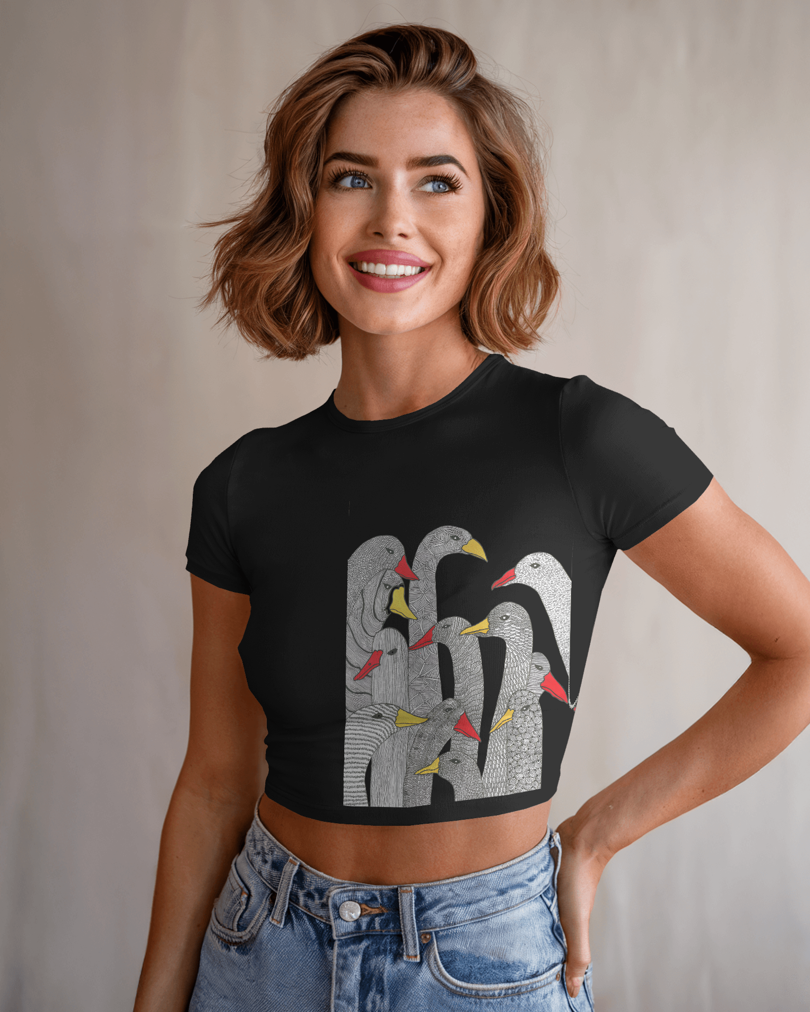 Woman wearing crop top with hand-drawn birds illustration design – Tanabana A Manoram.