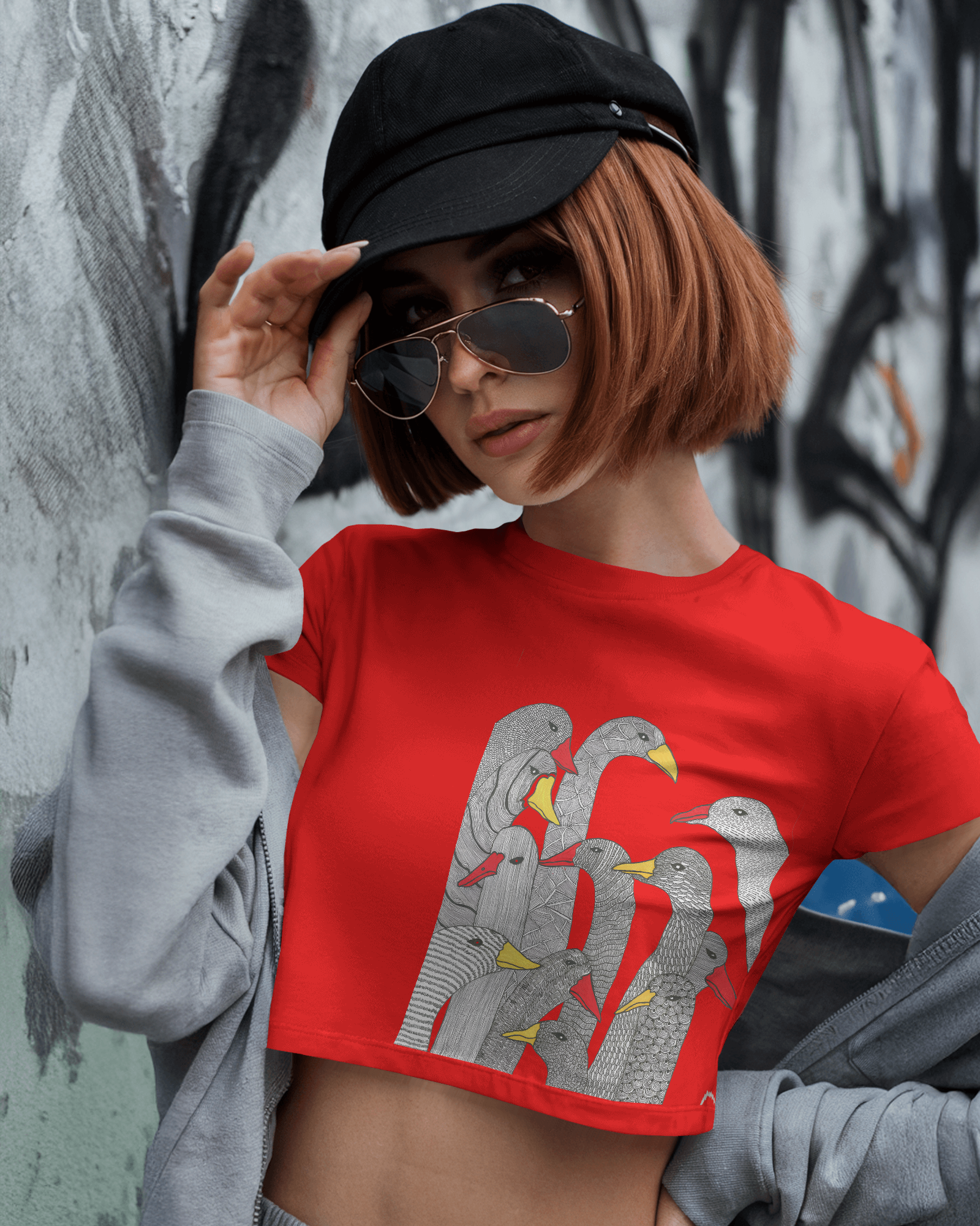 Woman wearing crop top with hand-drawn birds illustration design – Tanabana A Manoram.