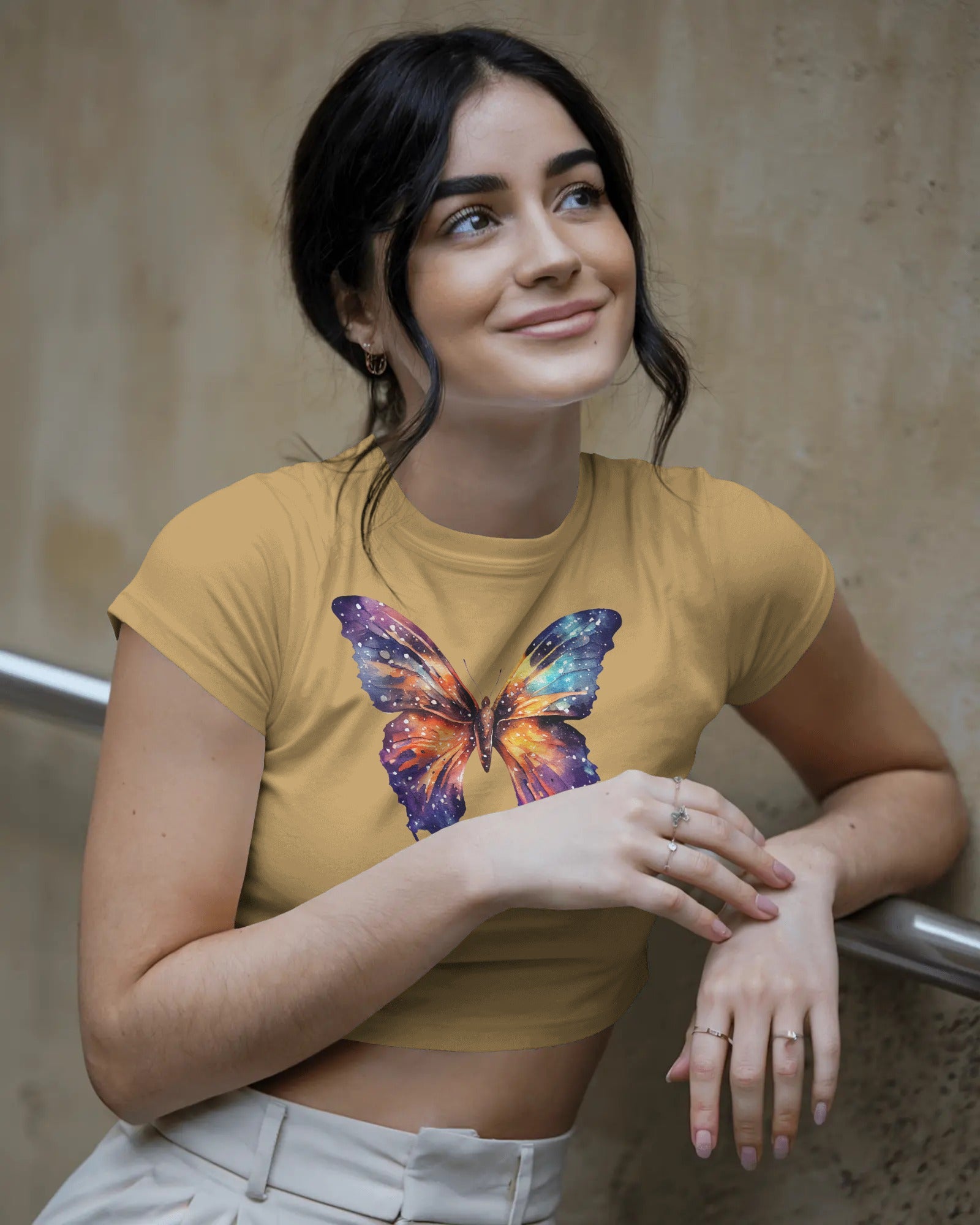 crop top with colorful galaxy butterfly print worn by a woman – Tanabana A Manoram.
