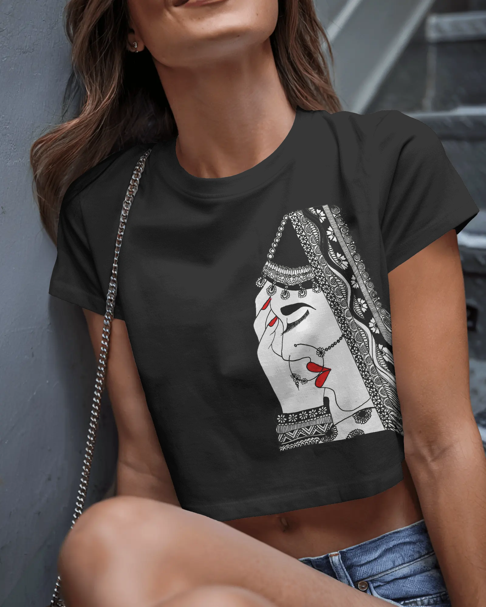 Women’s graphic printed cotton crop top with cropped fit and round neck by Tanabana A Manoram