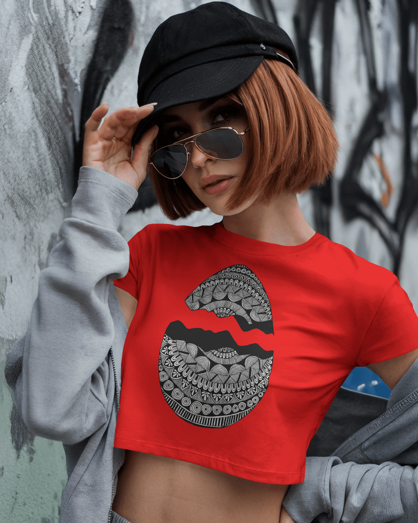 Women’s red graphic printed cotton crop top with cropped fit by Tanabana A Manoram