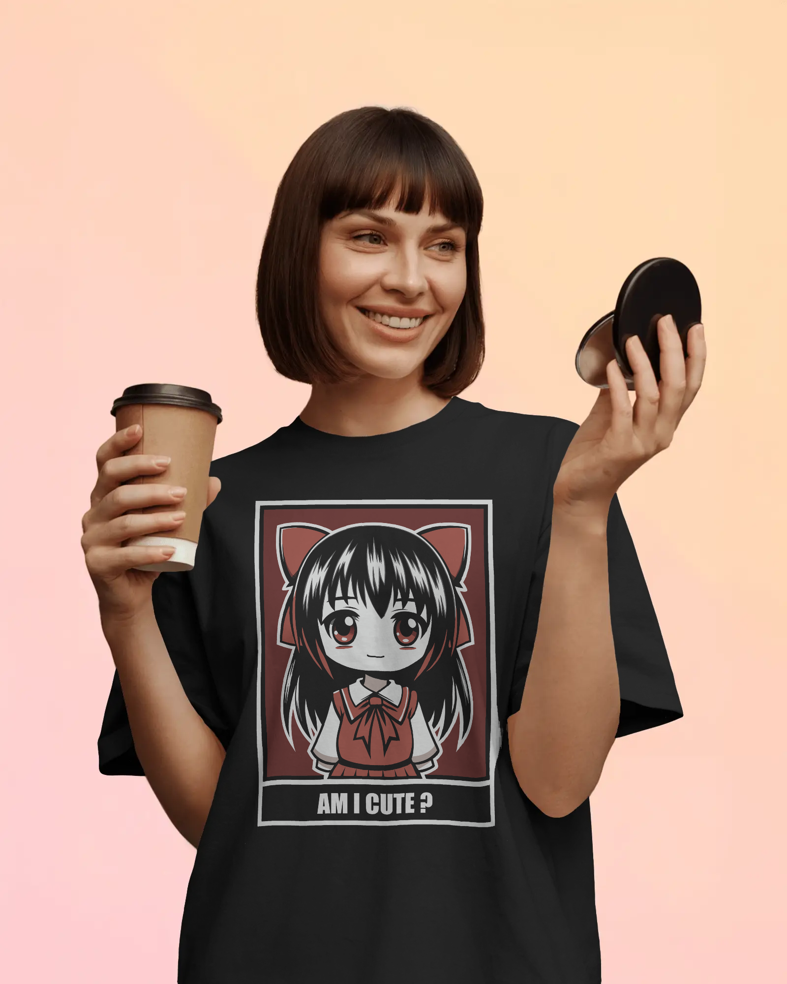 Person wearing a black t-shirt with an anime character design, holding a coffee cup and compact mirror by Tanabana A Manoram