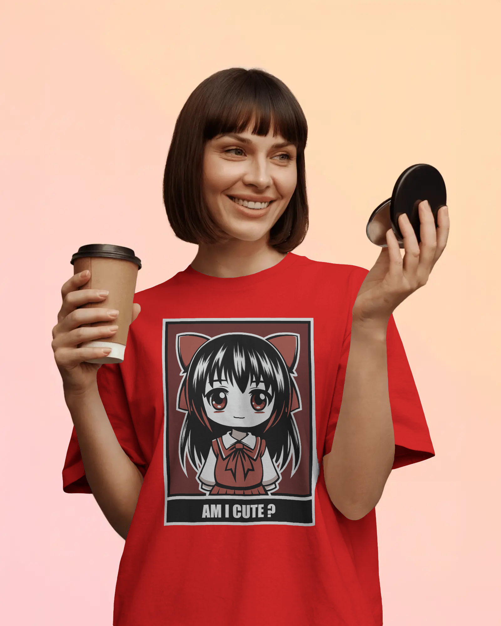 Person wearing a red t-shirt with an anime character design, holding a coffee cup and compact mirror by Tanabana A Manoram