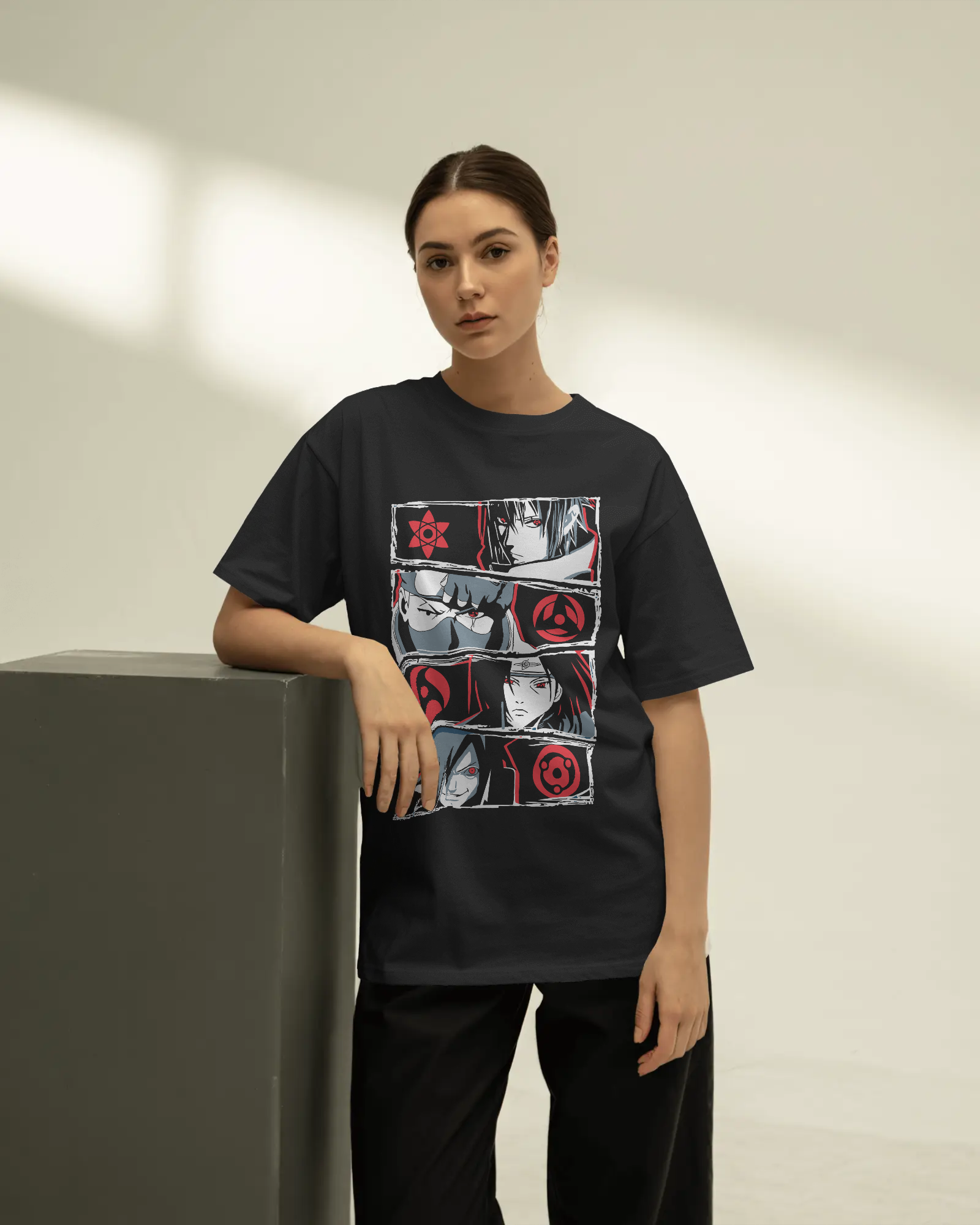 oversized t-shirt with red-eye manga panel artwork worn by a man – Tanabana A Manoram.