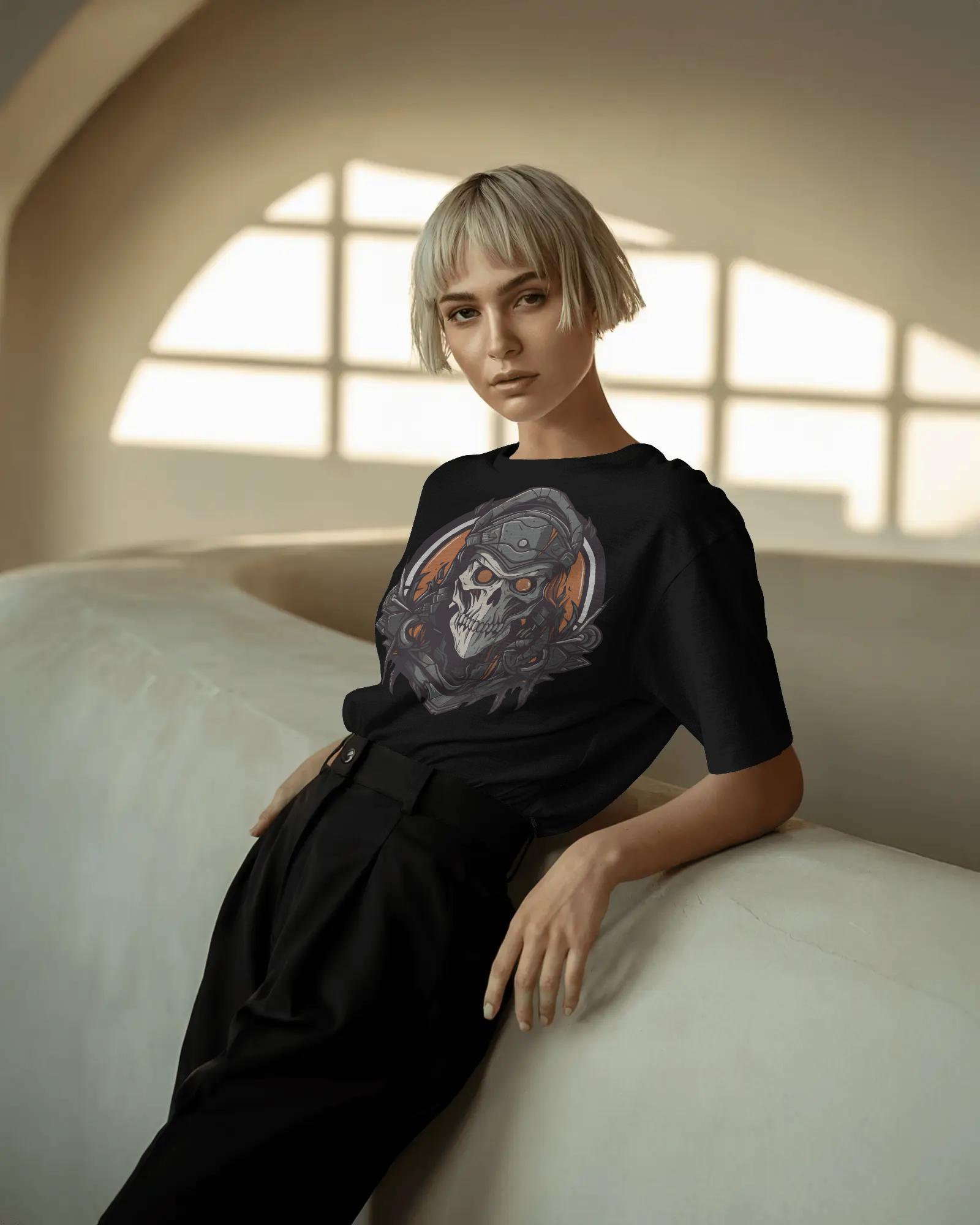 oversized T-shirt with gothic skull warrior graphic worn by a man – Tanabana A Manoram.