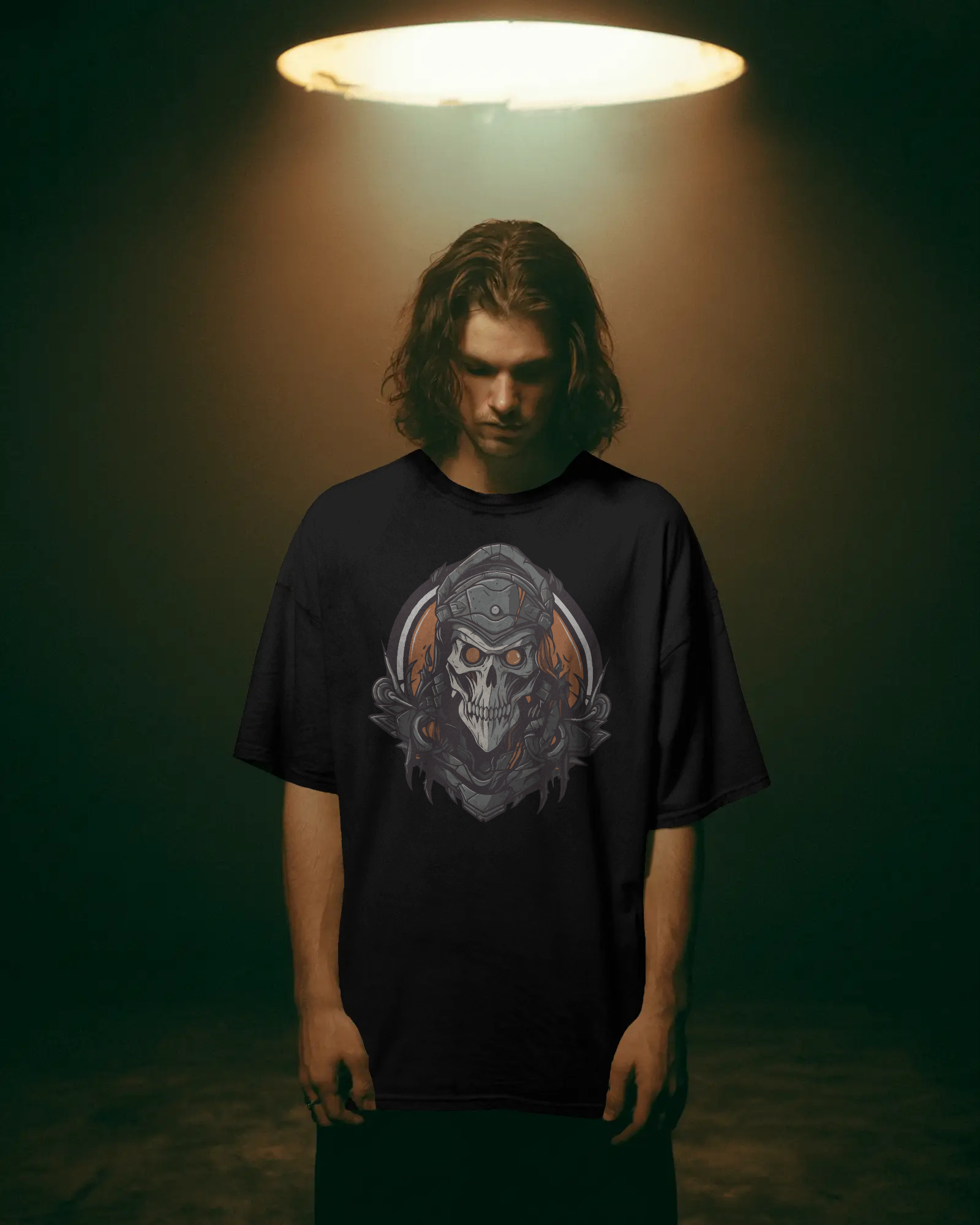 oversized T-shirt with gothic skull warrior graphic worn by a man – Tanabana A Manoram.