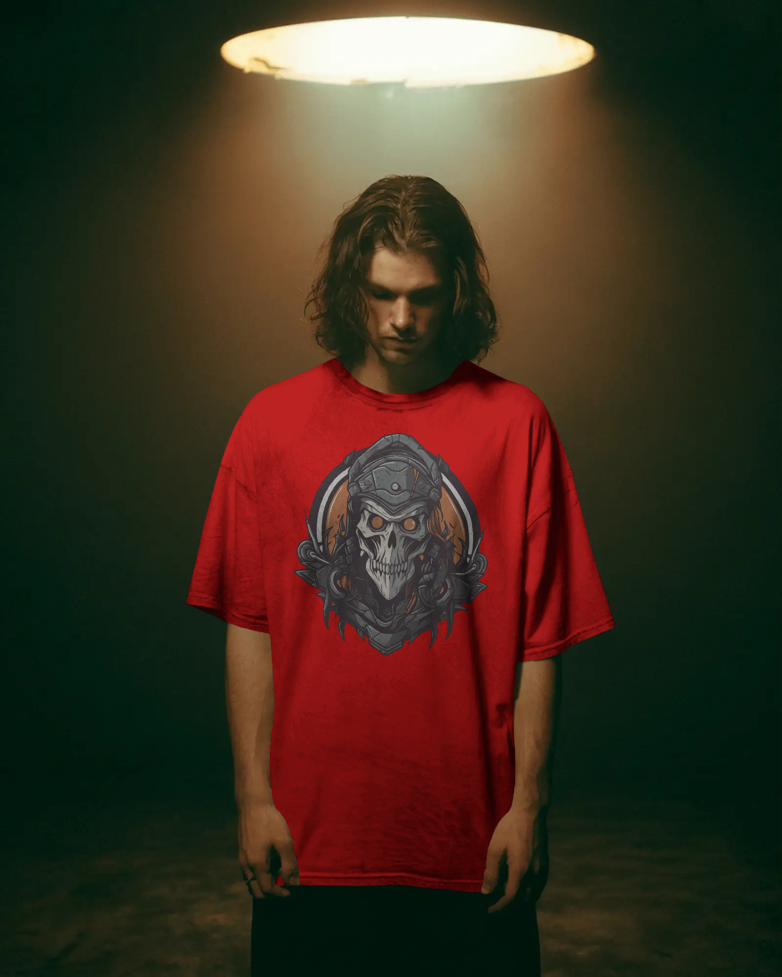 oversized T-shirt with gothic skull warrior graphic worn by a man – Tanabana A Manoram.