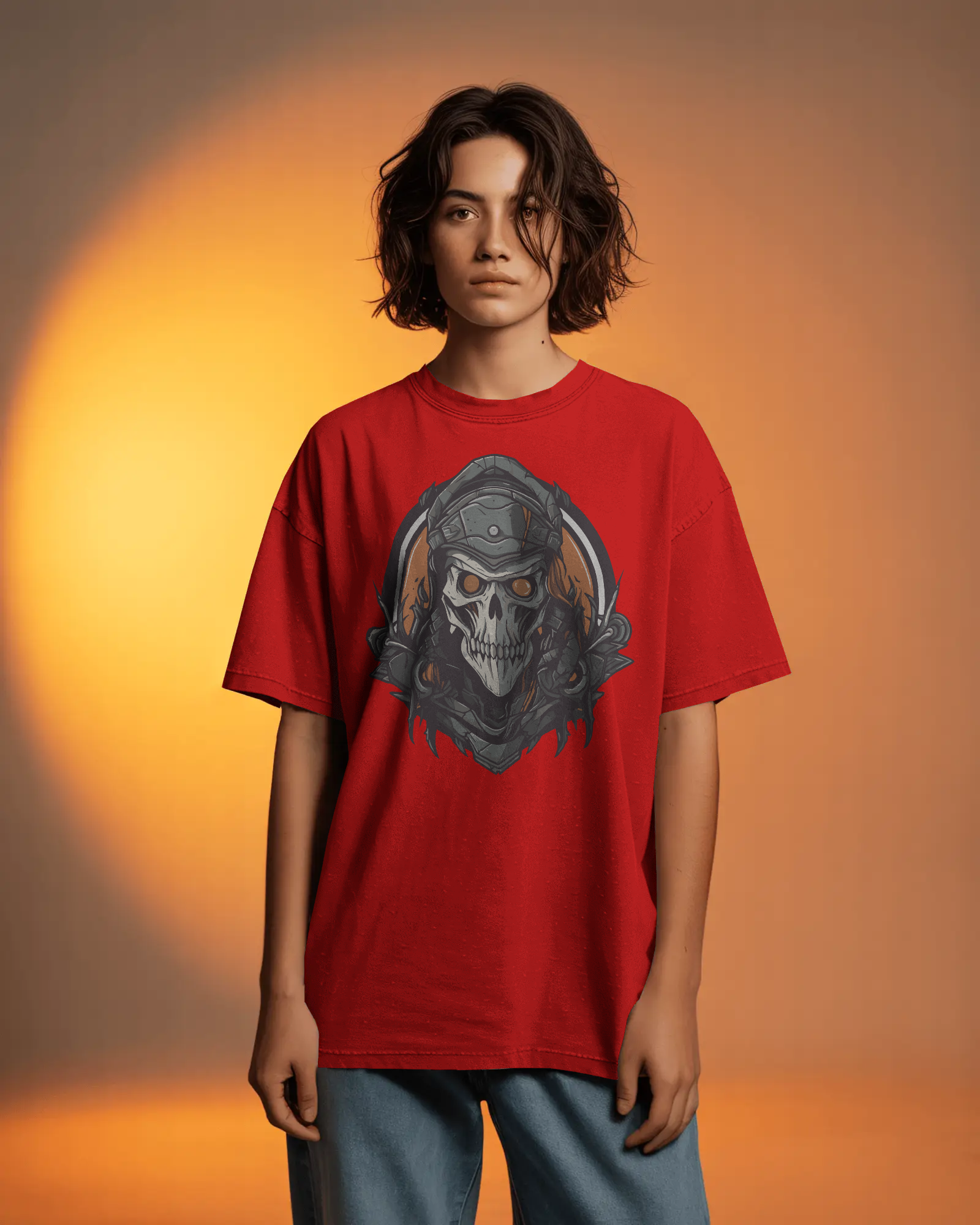 oversized T-shirt with gothic skull warrior graphic worn by a man – Tanabana A Manoram.