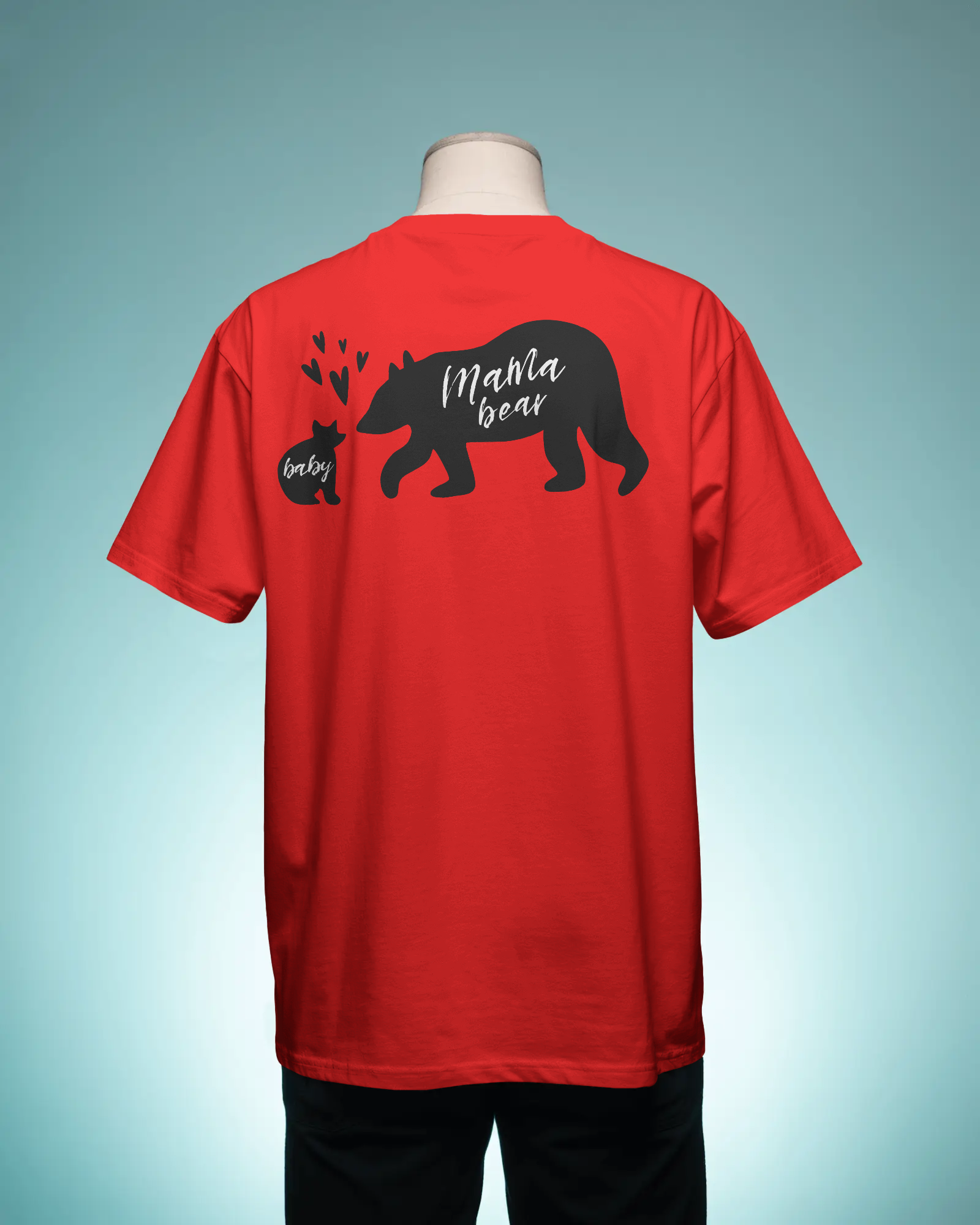 Red t-shirt with black bear graphic and text on a light blue background
