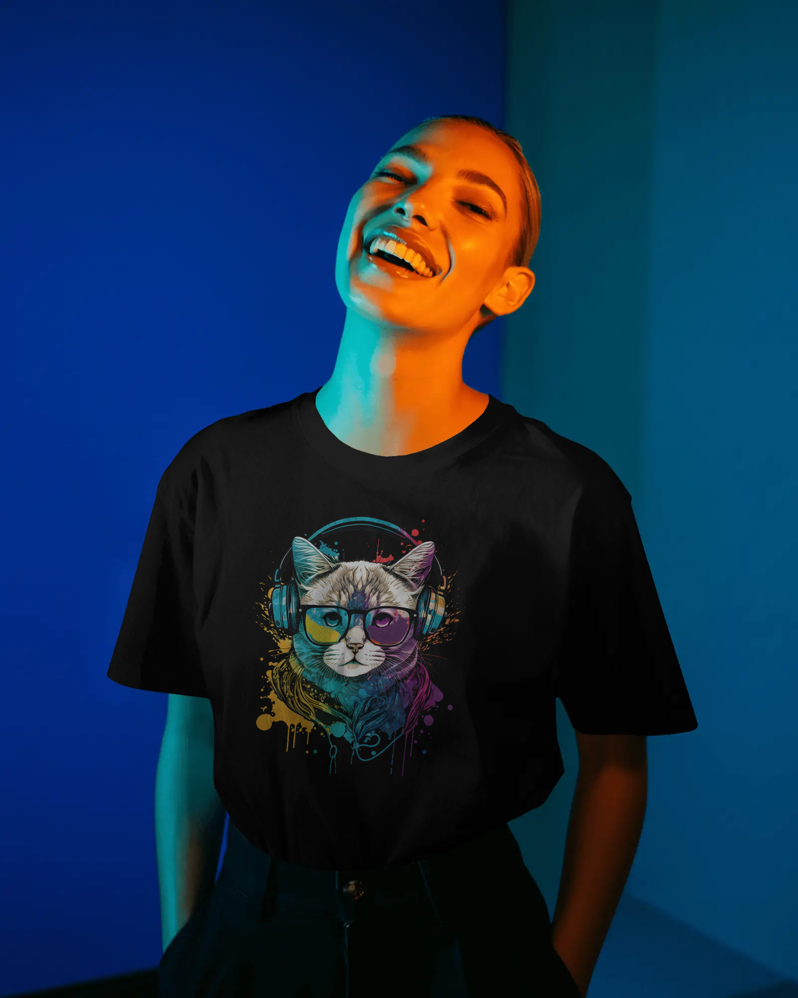 Pop Art DJ Cat Graphic Oversized Tee (TAM-018)