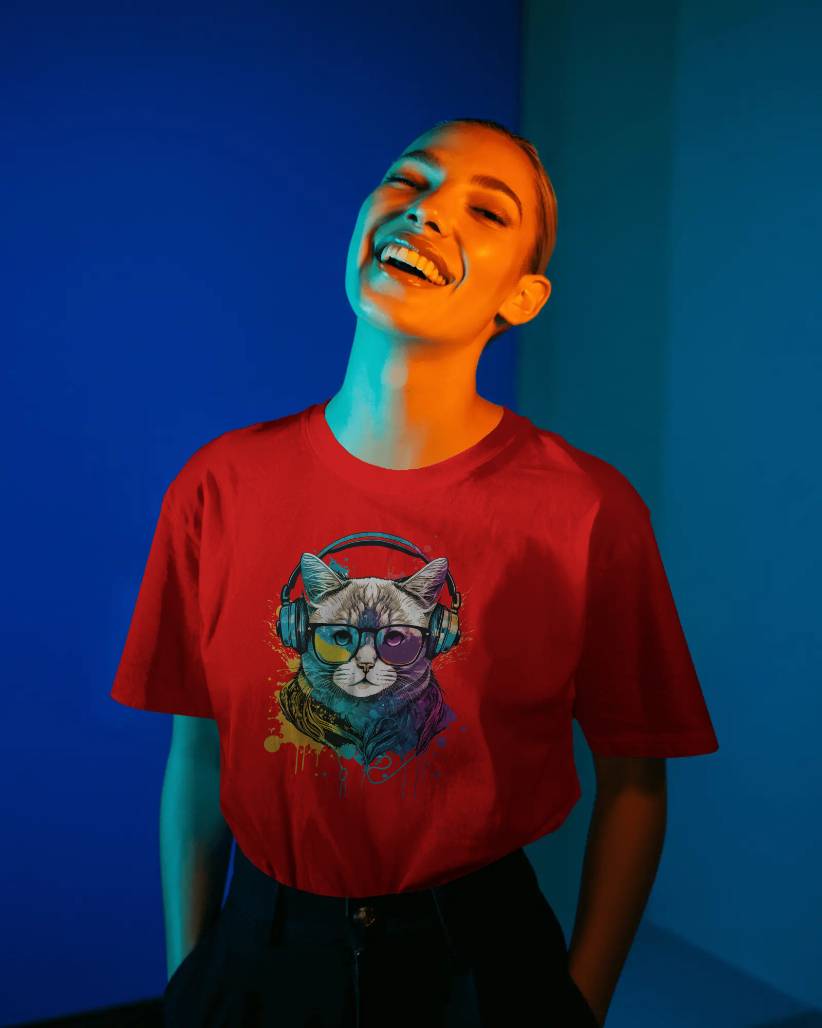 Pop Art DJ Cat Graphic Oversized Tee (TAM-018)