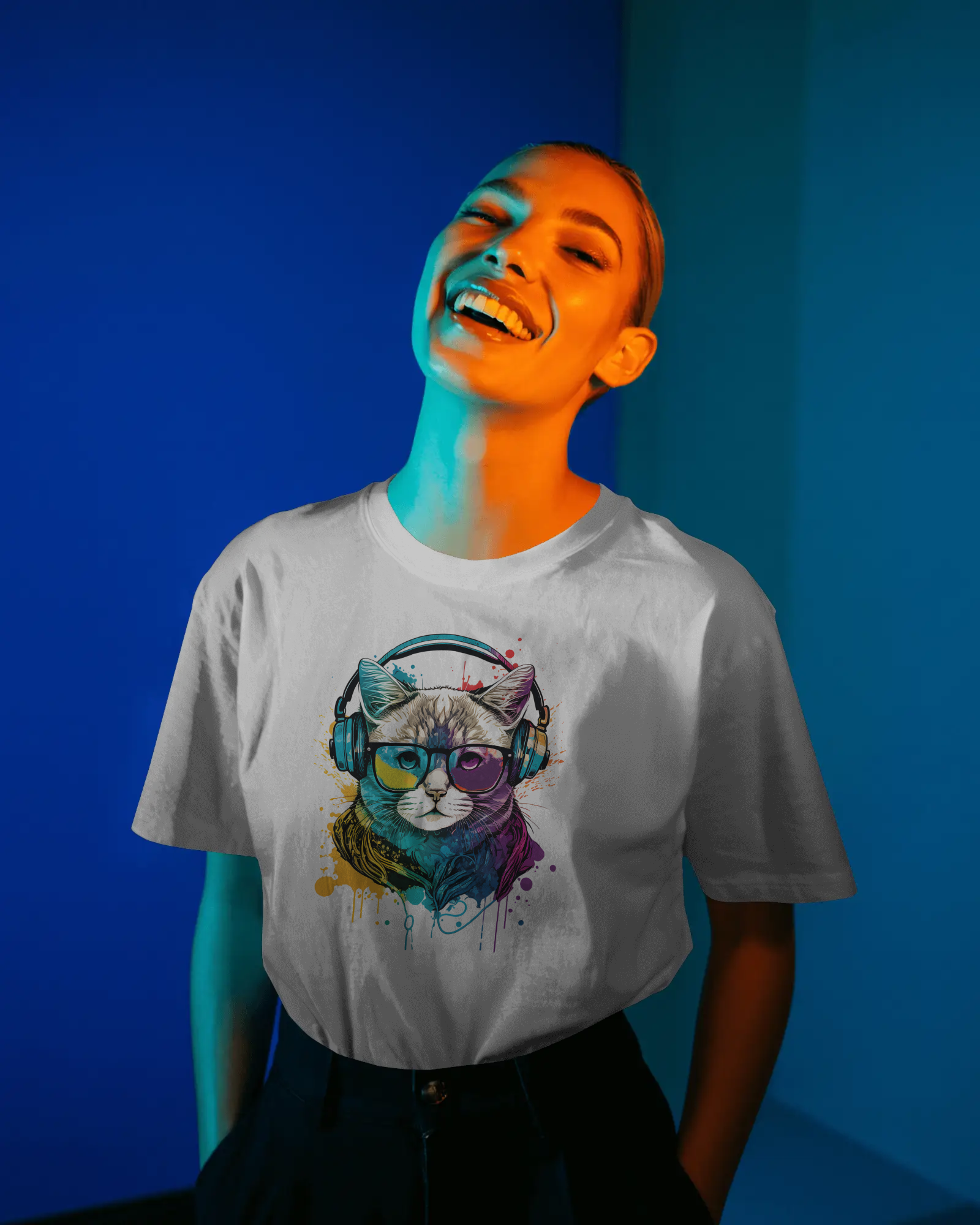 Pop Art DJ Cat Graphic Oversized Tee (TAM-018)