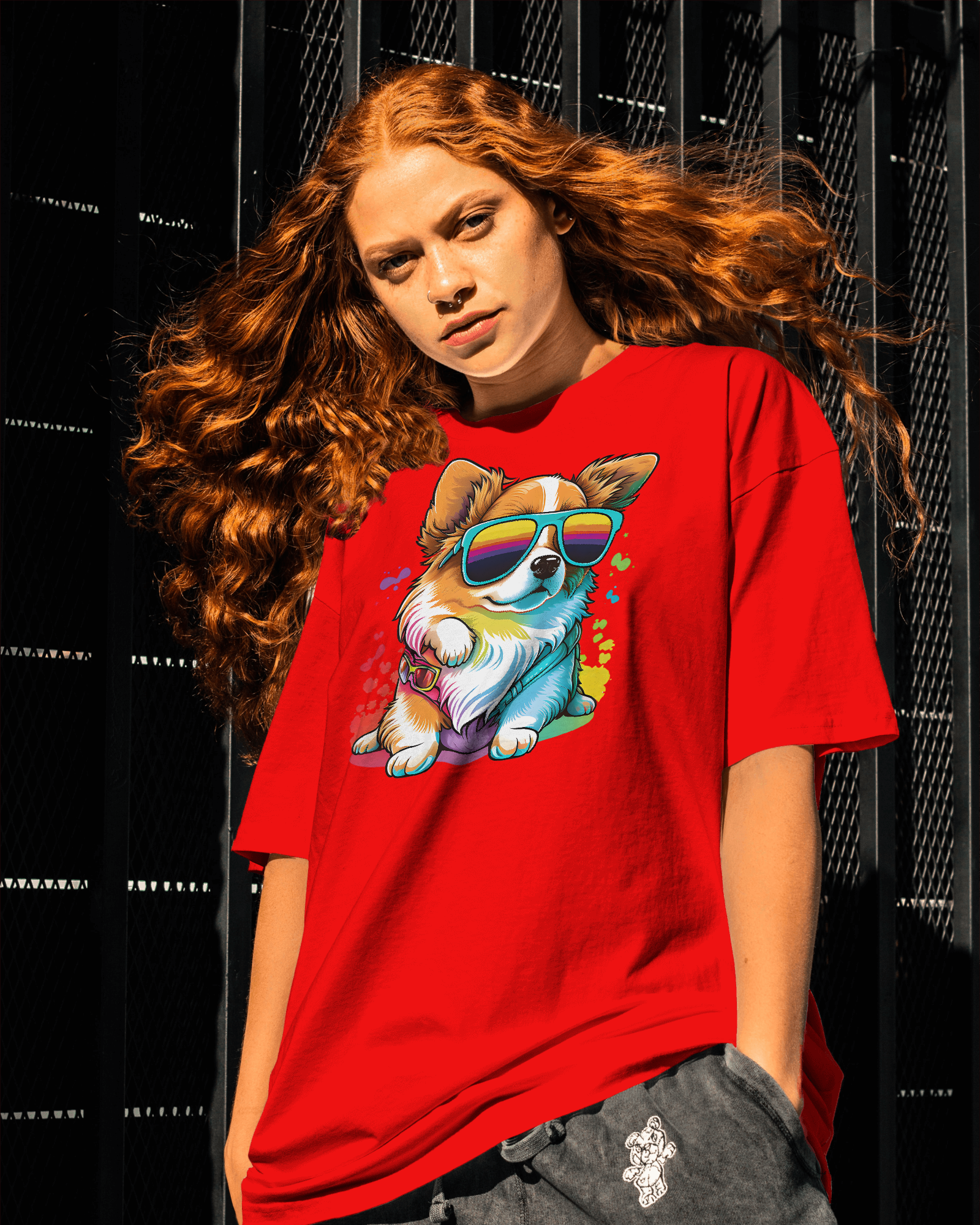 A young woman wearing a black oversized T-shirt featuring a colorful swag dog graphic with sunglasses, holding a basketball on an outdoor court.