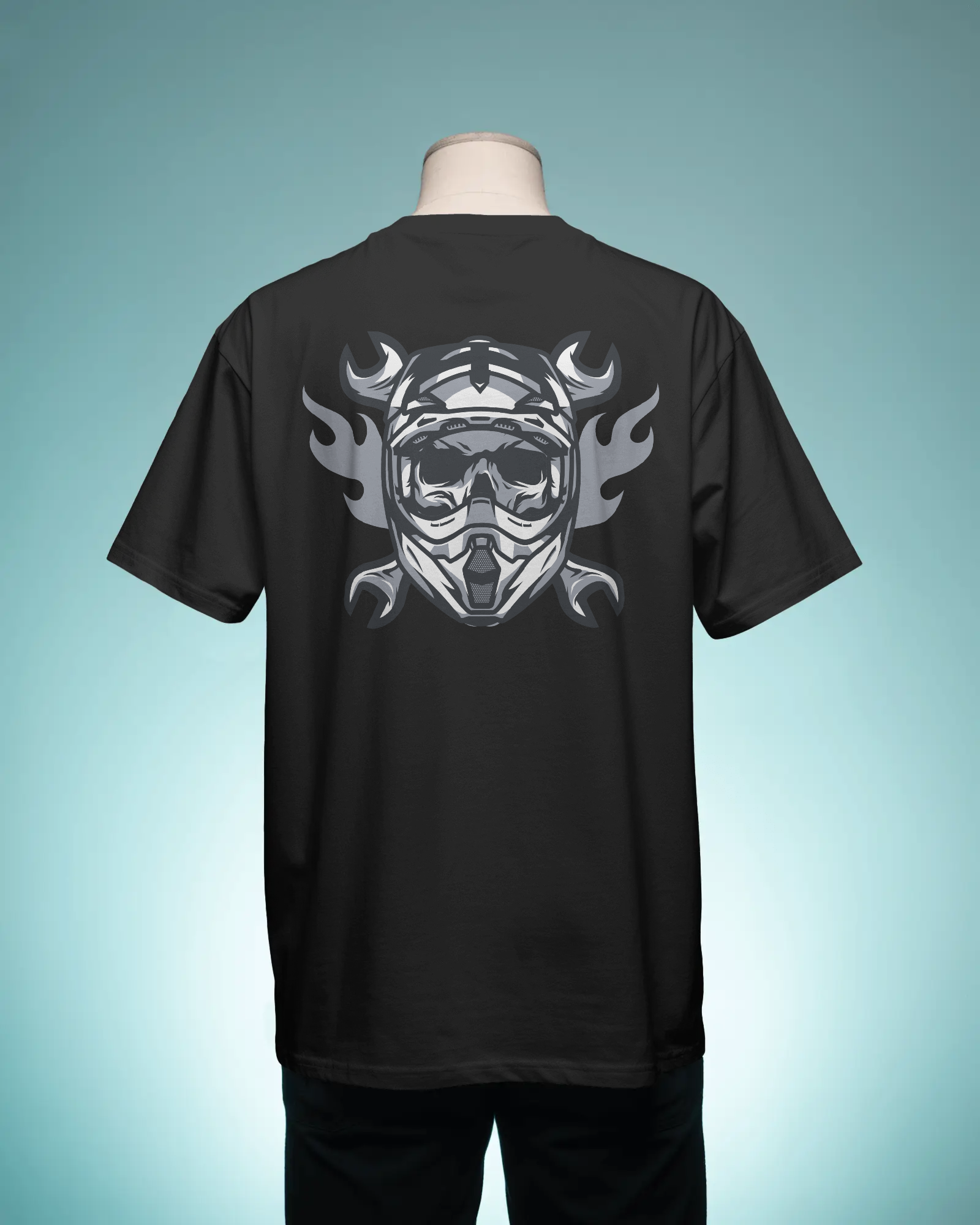 Black t-shirt with a graphic design on the back, displayed on a mannequin against a light blue background.