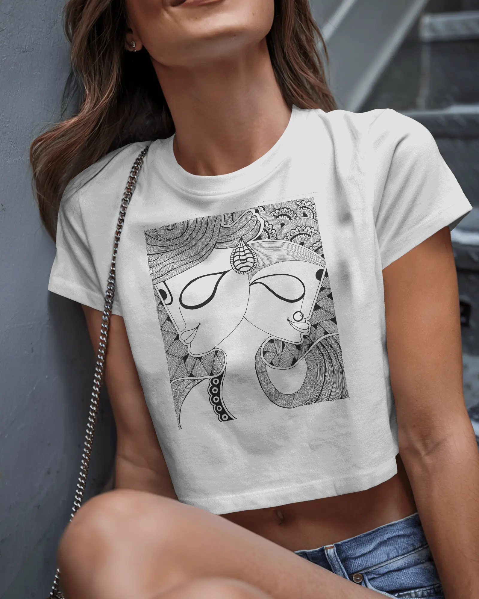 Women’s white graphic printed cotton crop top with cropped fit by Tanabana A Manoram