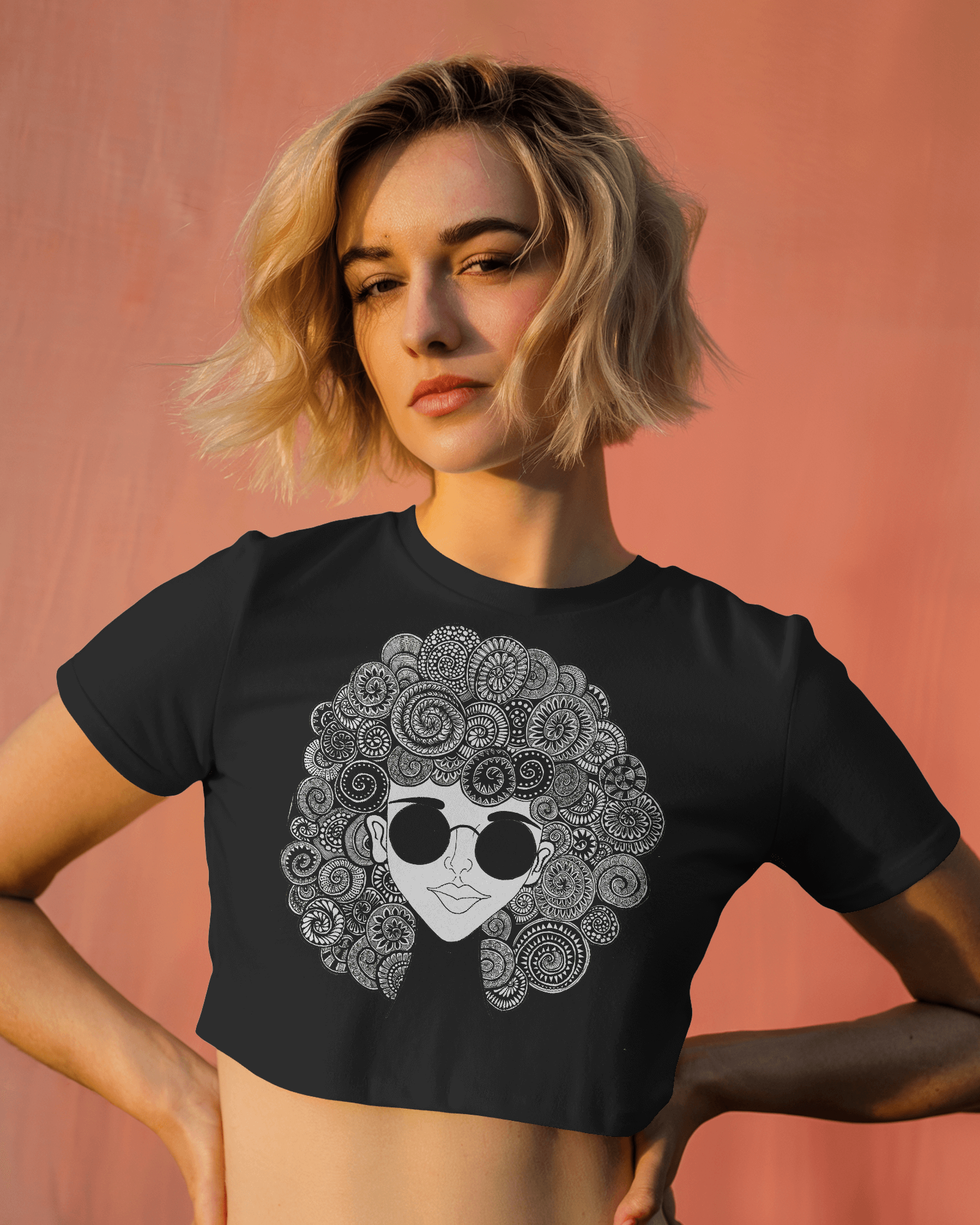 Women’s black graphic printed cotton crop top with cropped fit by Tanabana A Manoram