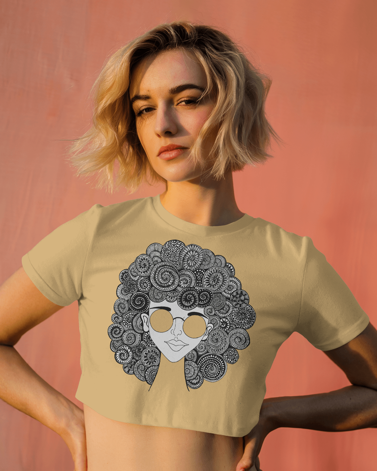 Women’s black graphic printed cotton crop top with cropped fit by Tanabana A Manoram