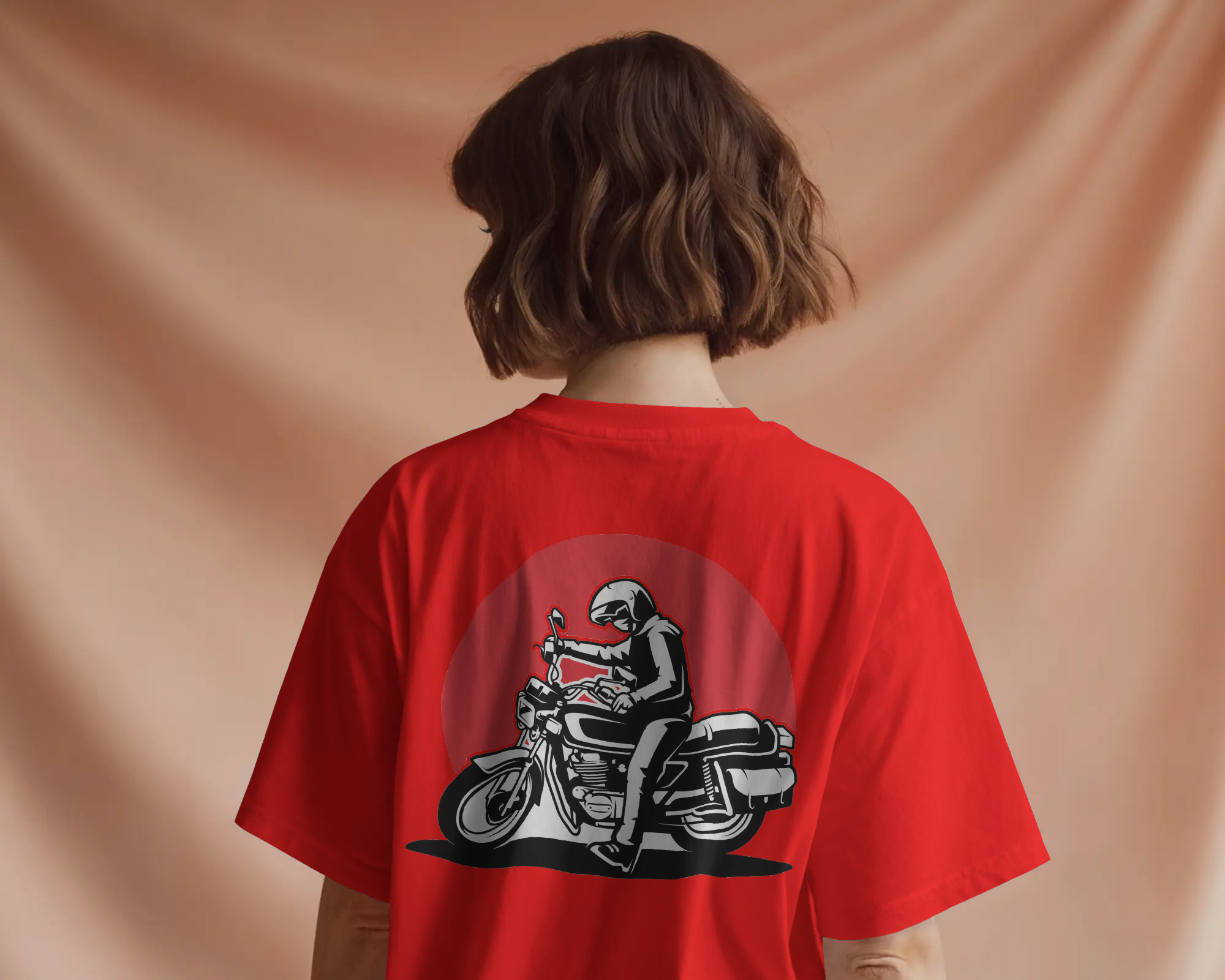 Person wearing a red t-shirt with a motorcycle graphic on the back against a beige background by Tanabana A Manoram