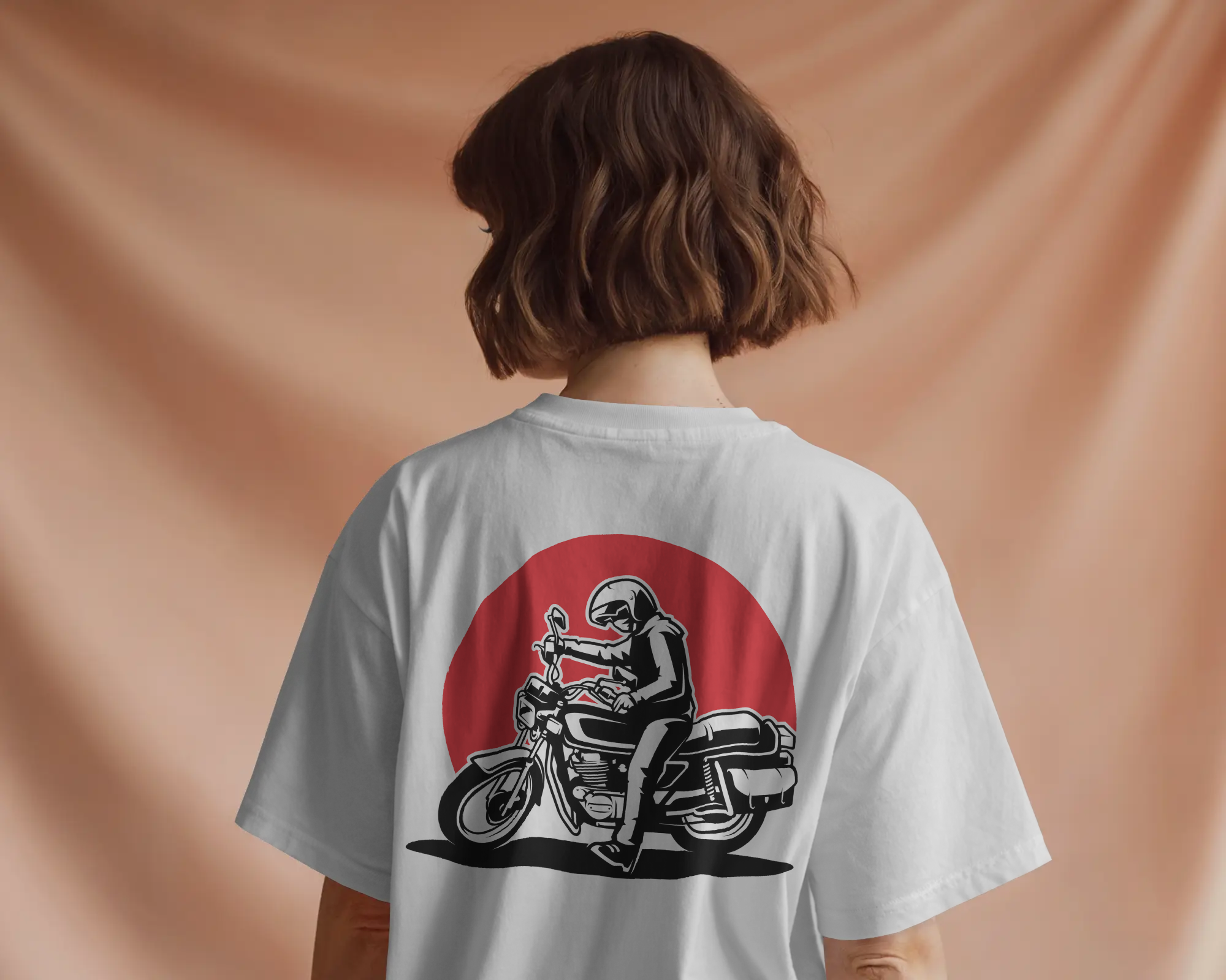 Person wearing a white t-shirt with a graphic of a person on a motorcycle on a beige background by Tanabana A Manoram