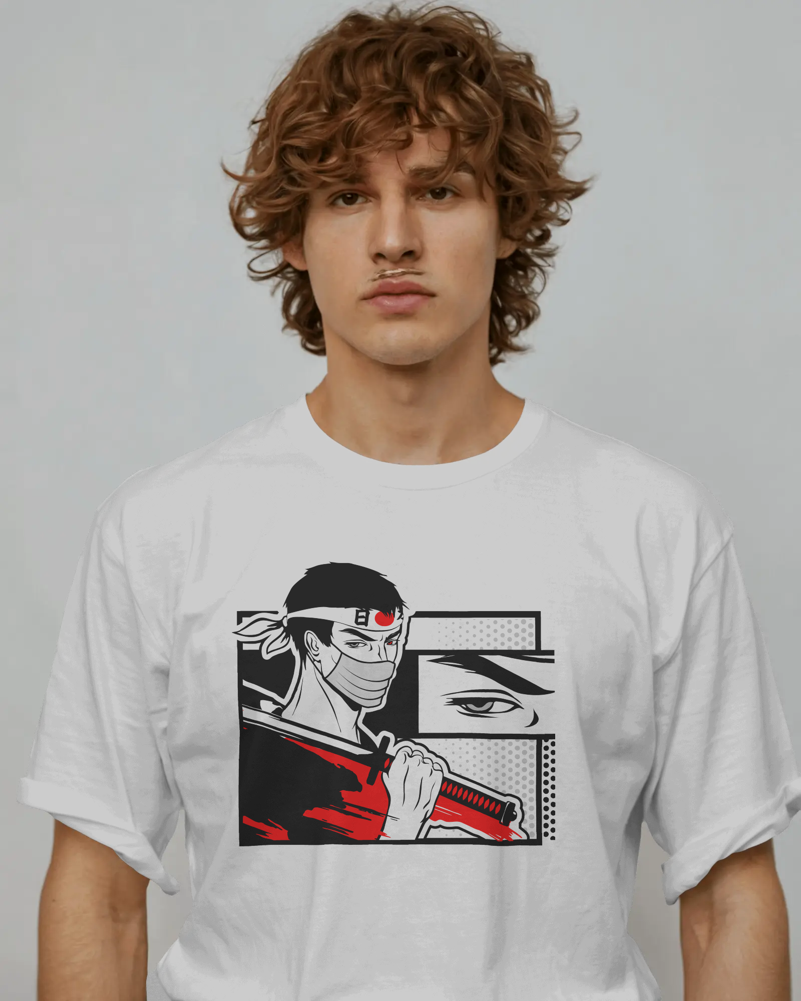 Person wearing a white t-shirt with a graphic design on a plain background by Tanabana A Manoram