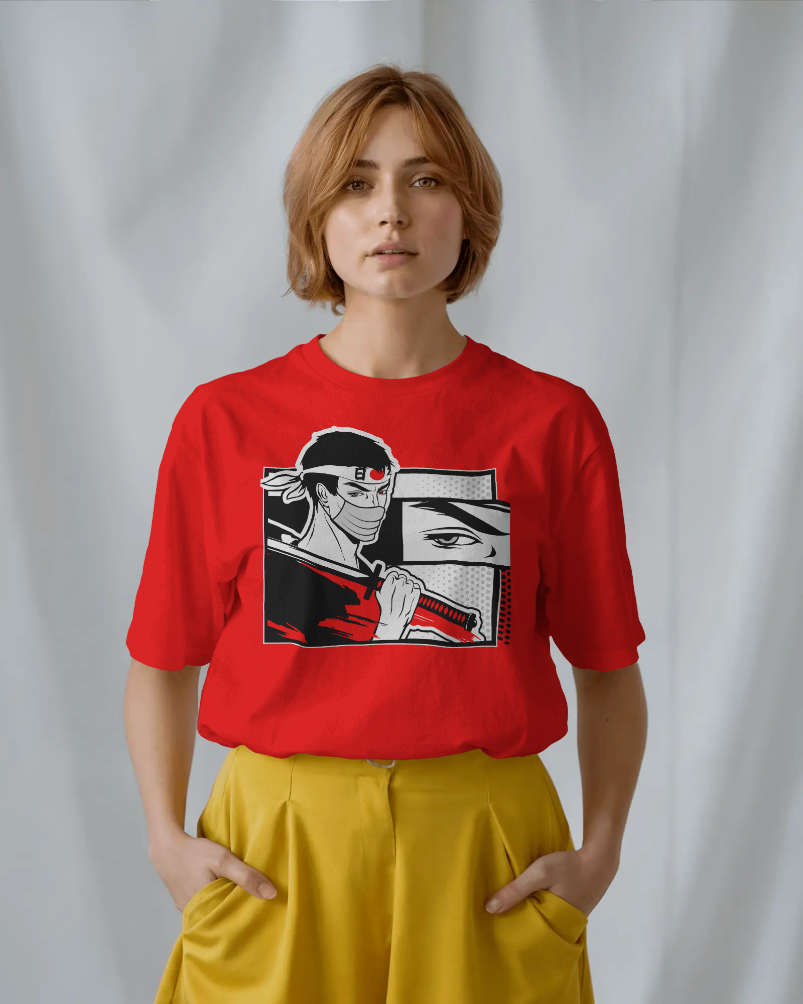 Person wearing a red t-shirt with a graphic design on a plain background by Tanabana A Manoram
