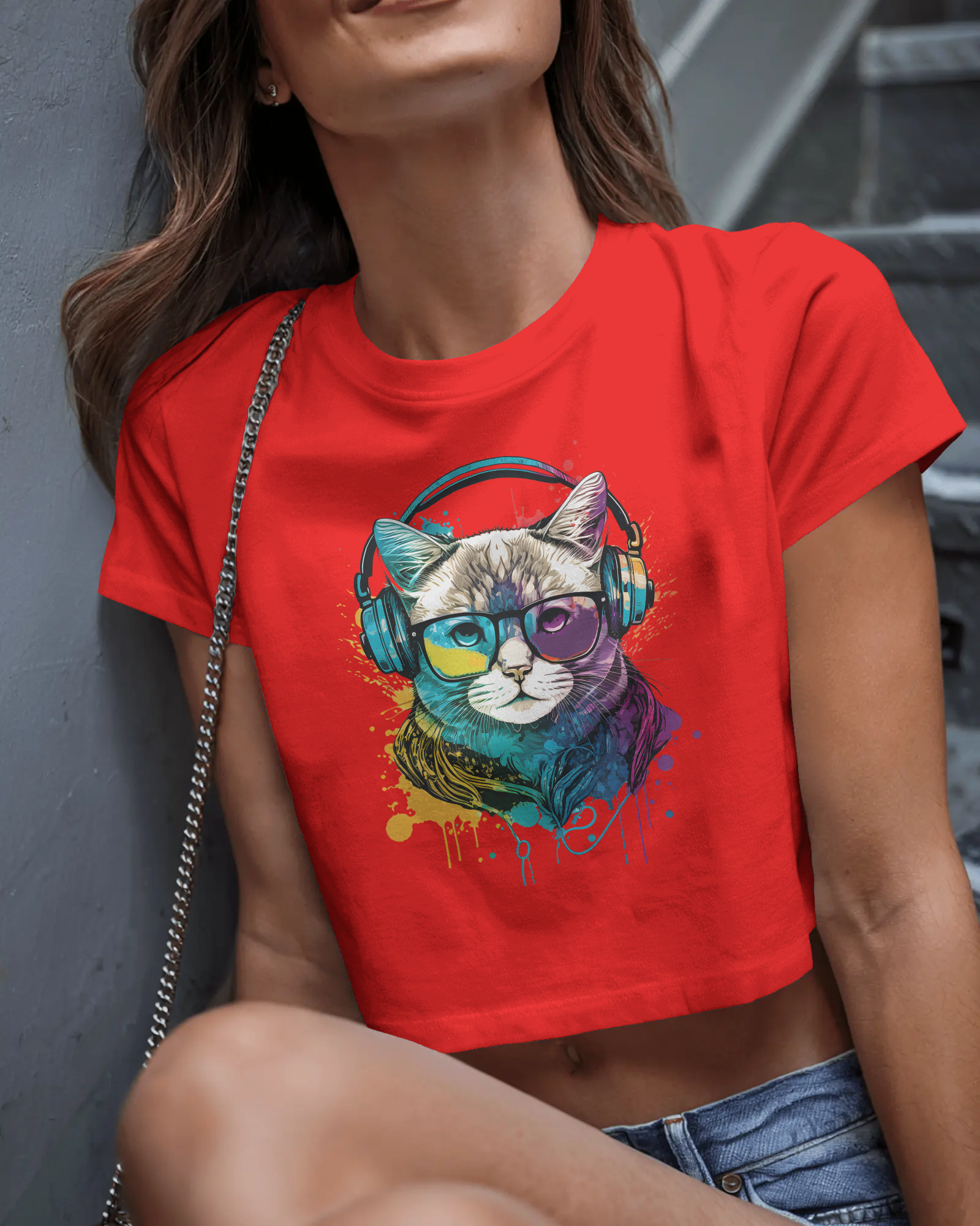 woman wearing dog graphic printed crop top for women – TAM-040 by Tanabana A Manoram