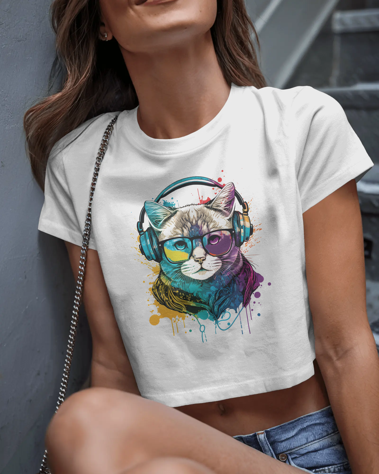 woman wearing dog graphic printed crop top for women – TAM-040 by Tanabana A Manoram