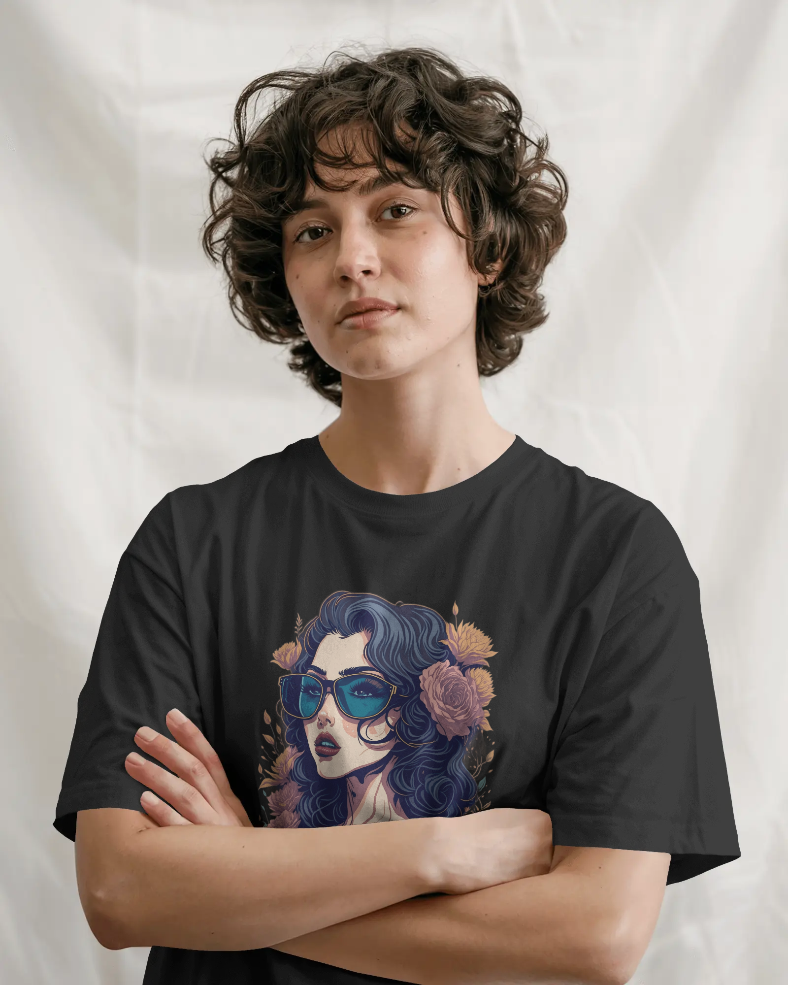 Black oversized t-shirt with artistic woman portrait graphic print