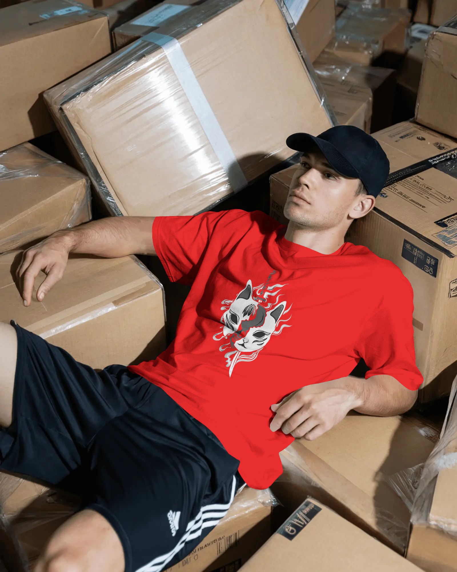 Man in a red shirt with a graphic design sitting among cardboard boxes
