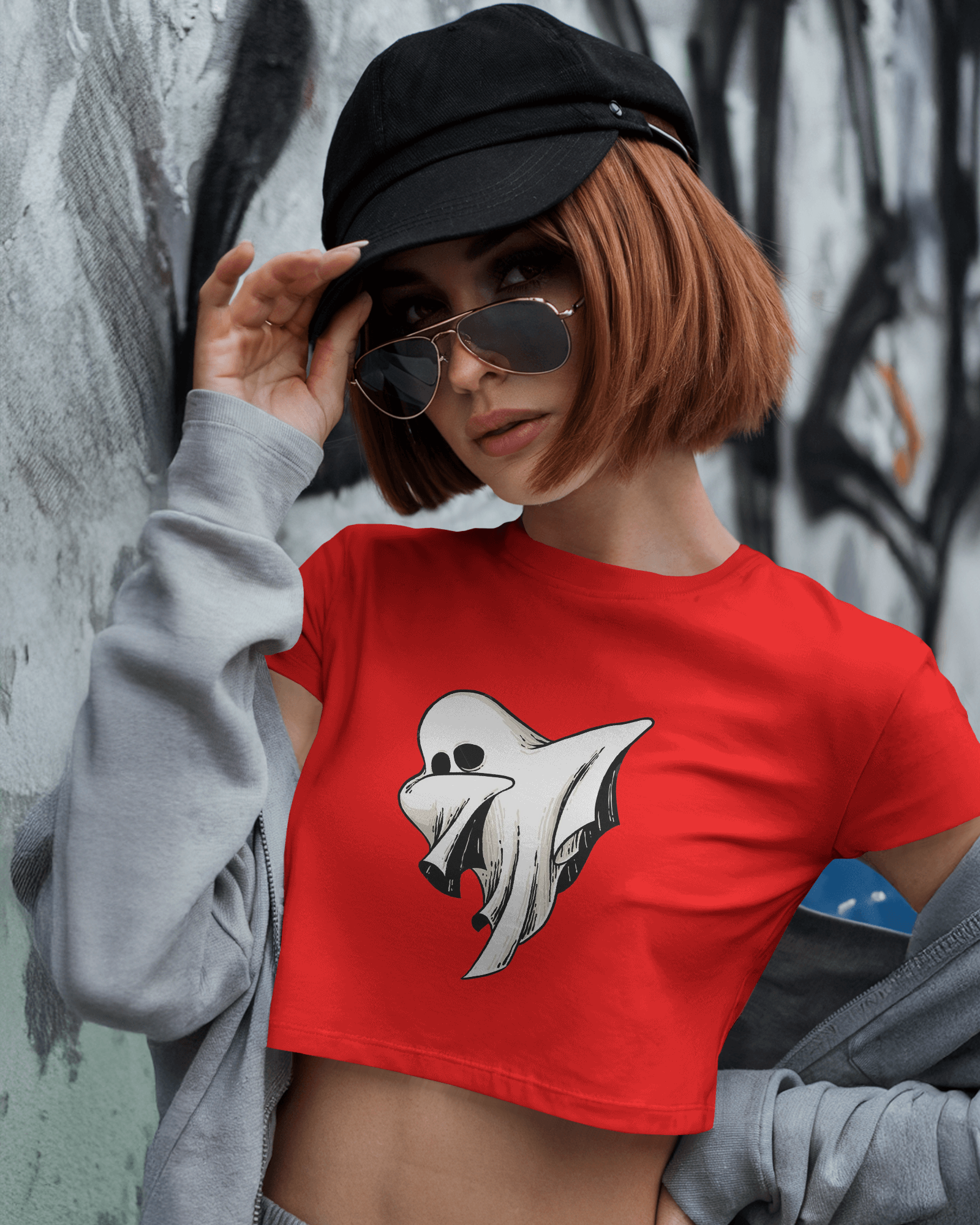 Black Ghost Printed Crop Top for Women | Trendy Streetwear Tee by Tanabana A Manoram (TAM-044)