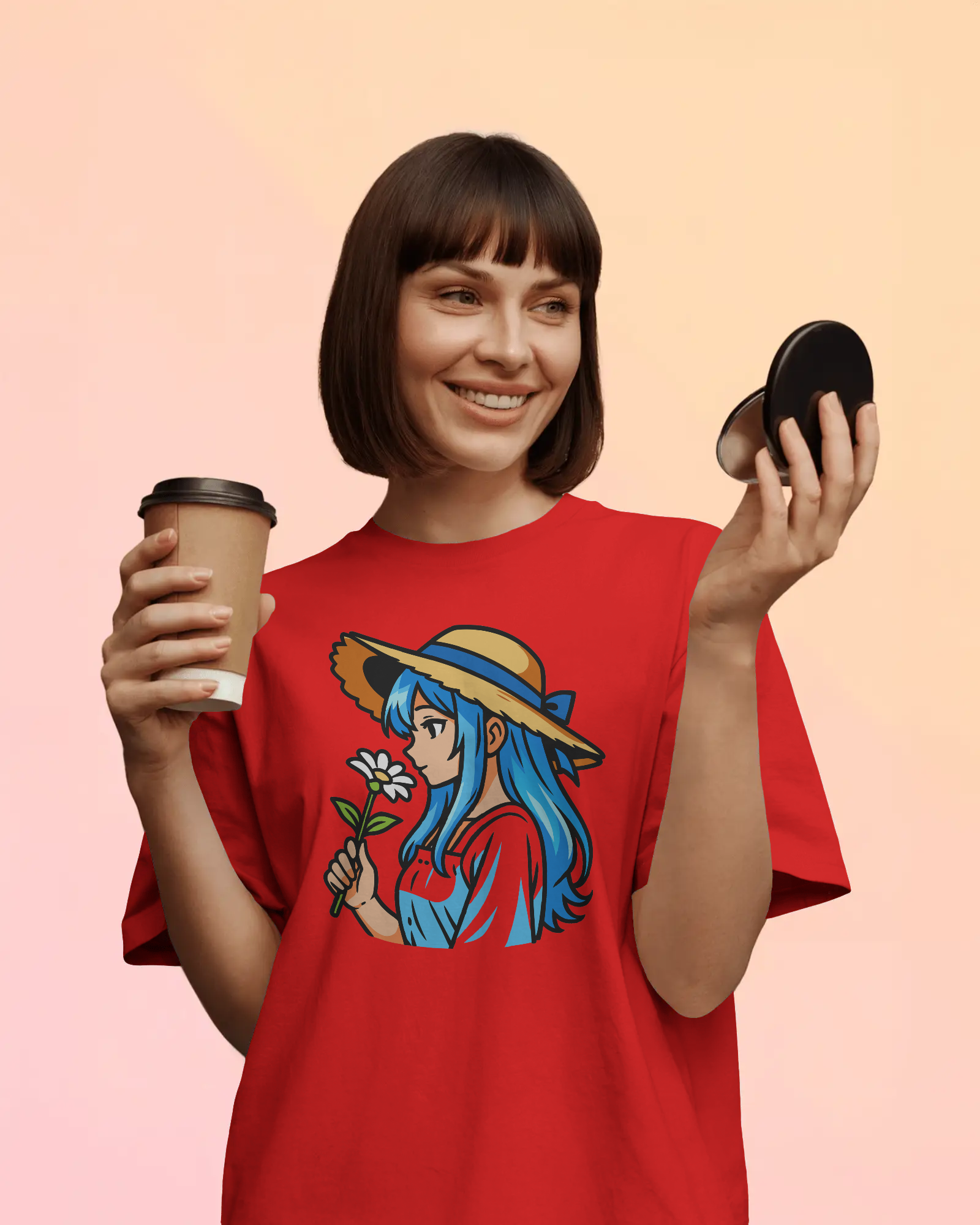 woman wearing black oversized anime girl printed t shirt holding flower – TAM-052 by Tanabana A Manoram