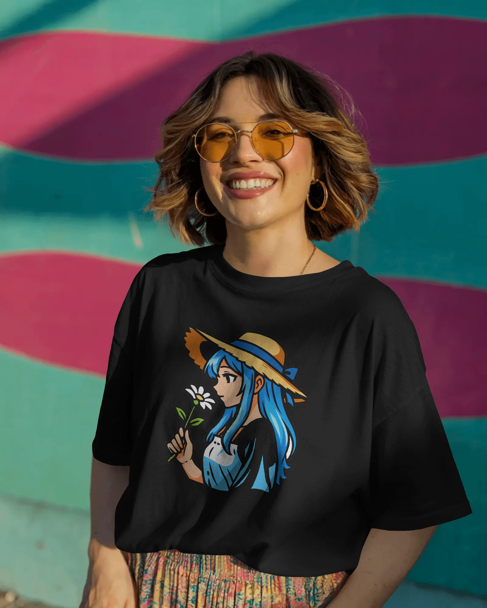 woman wearing black oversized anime girl printed t shirt holding flower – TAM-052 by Tanabana A Manoram