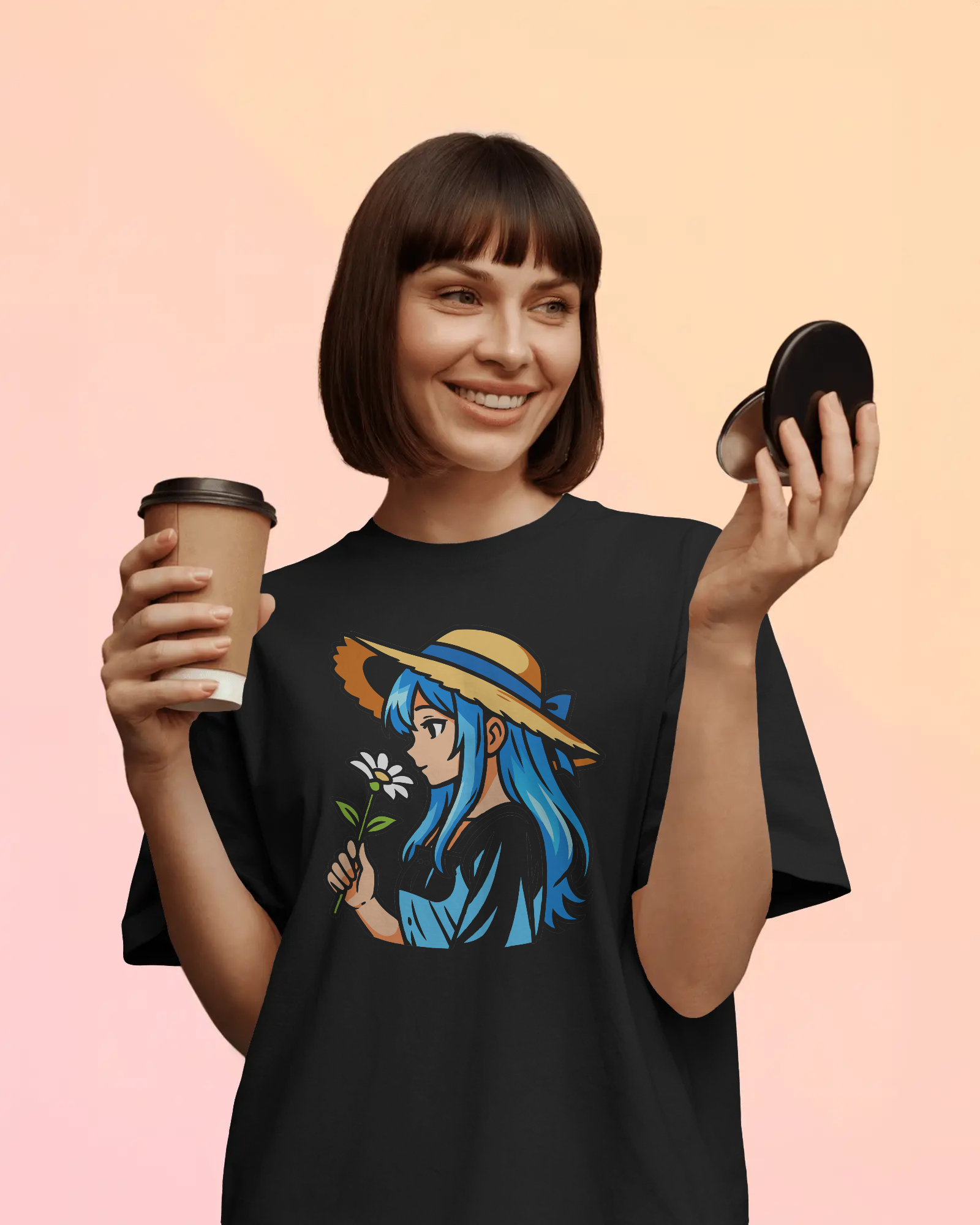 woman wearing black oversized anime girl printed t shirt holding flower – TAM-052 by Tanabana A Manoram