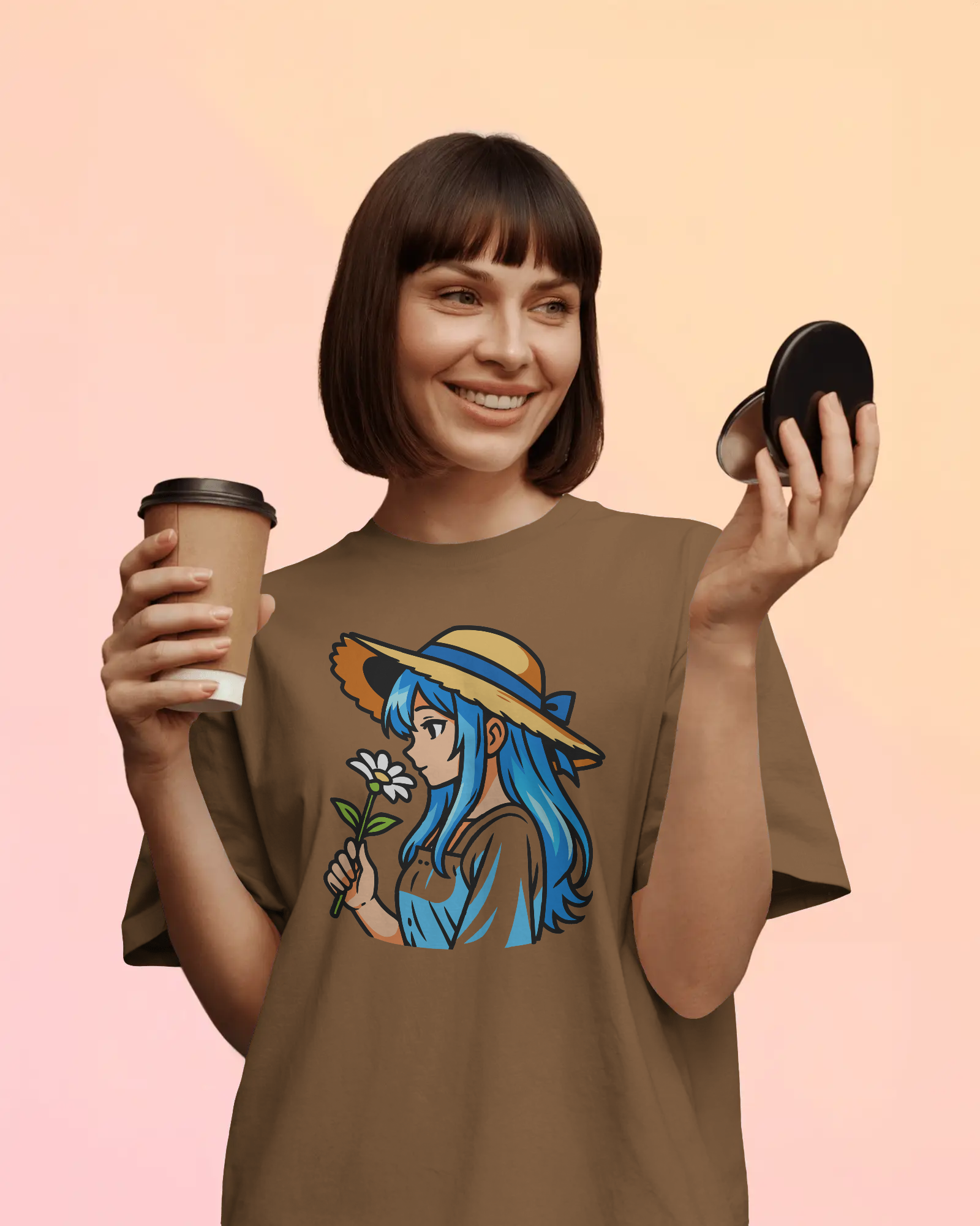 woman wearing black oversized anime girl printed t shirt holding flower – TAM-052 by Tanabana A Manoram