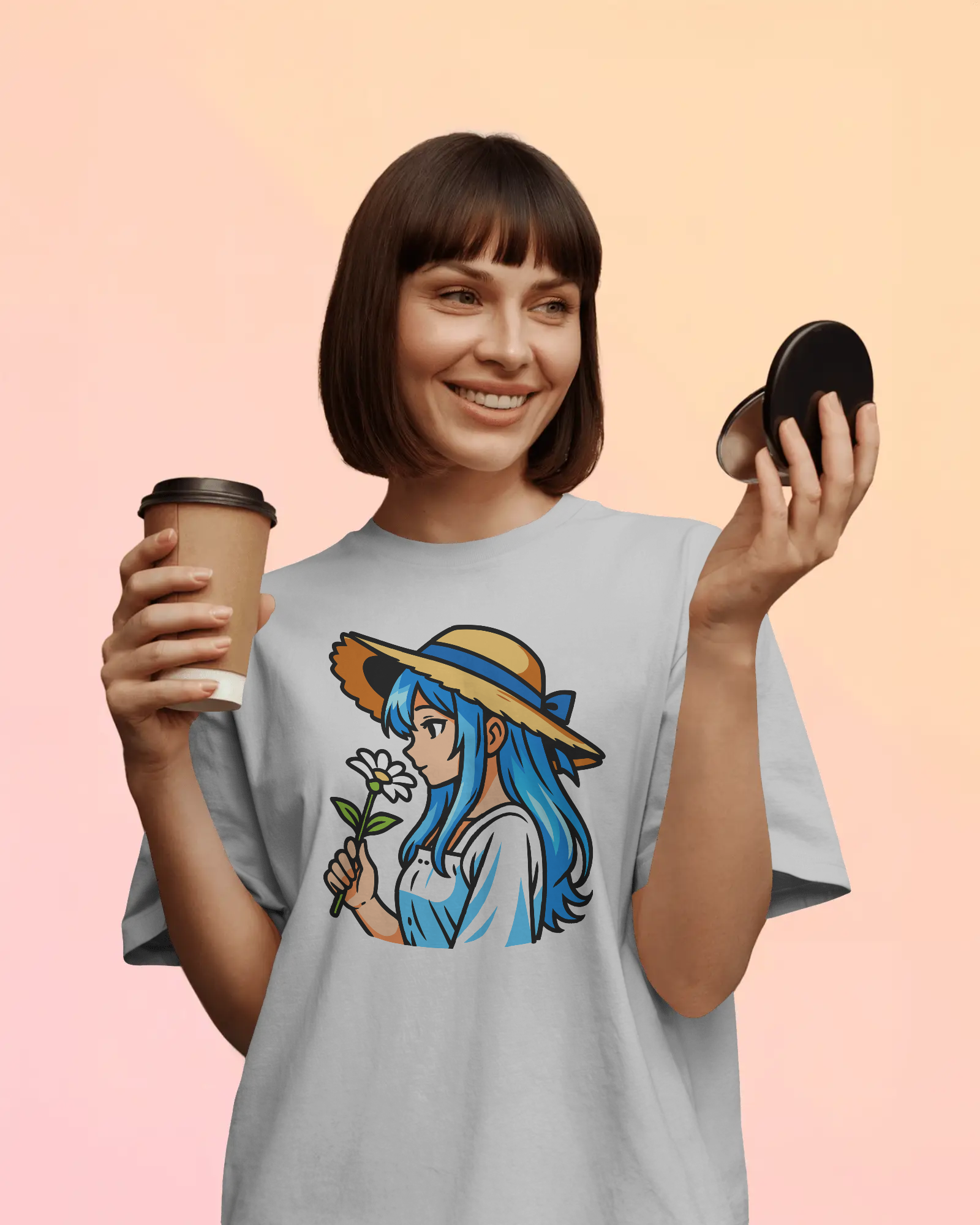 woman wearing black oversized anime girl printed t shirt holding flower – TAM-052 by Tanabana A Manoram