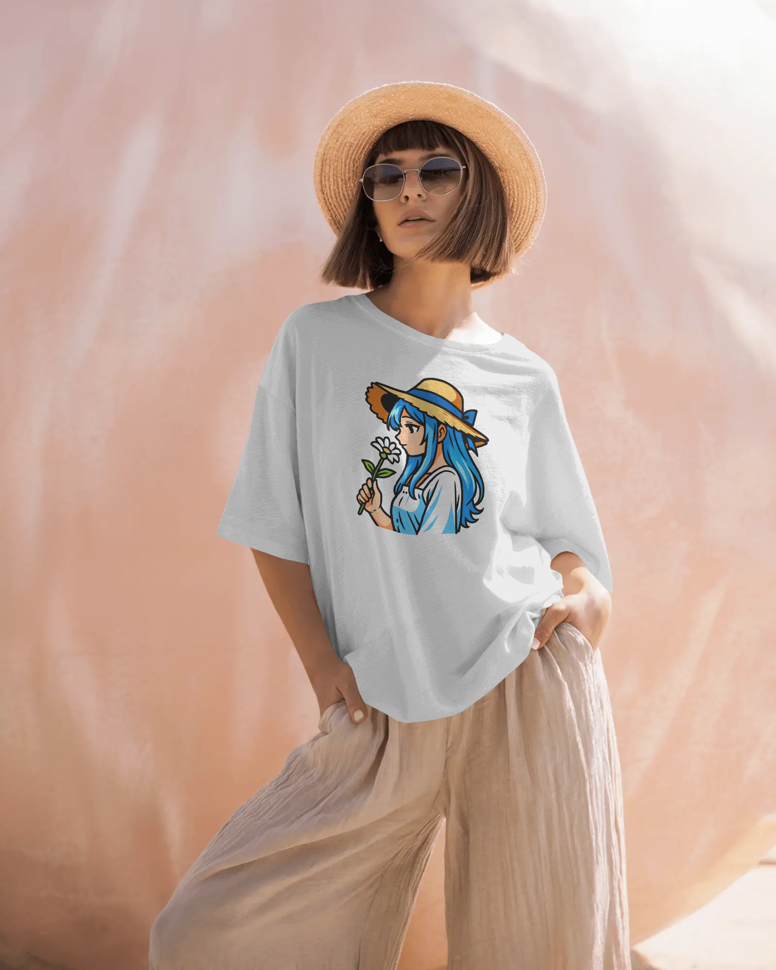 woman wearing black oversized anime girl printed t shirt holding flower – TAM-052 by Tanabana A Manoram