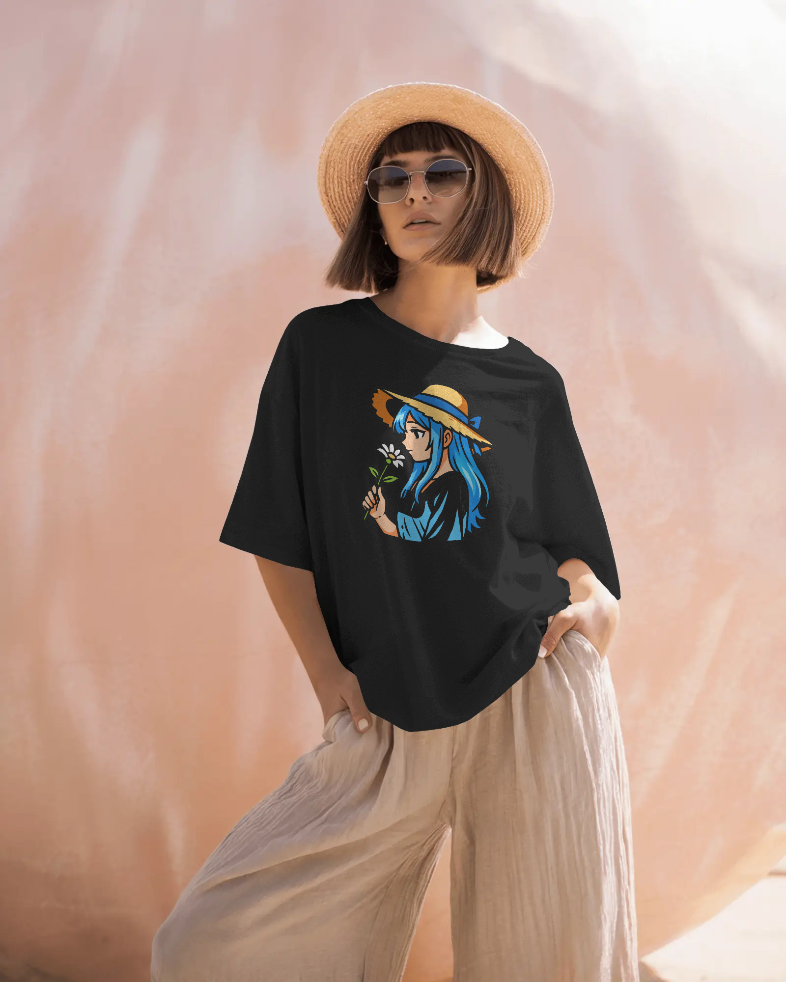 woman wearing black oversized anime girl printed t shirt holding flower – TAM-052 by Tanabana A Manoram