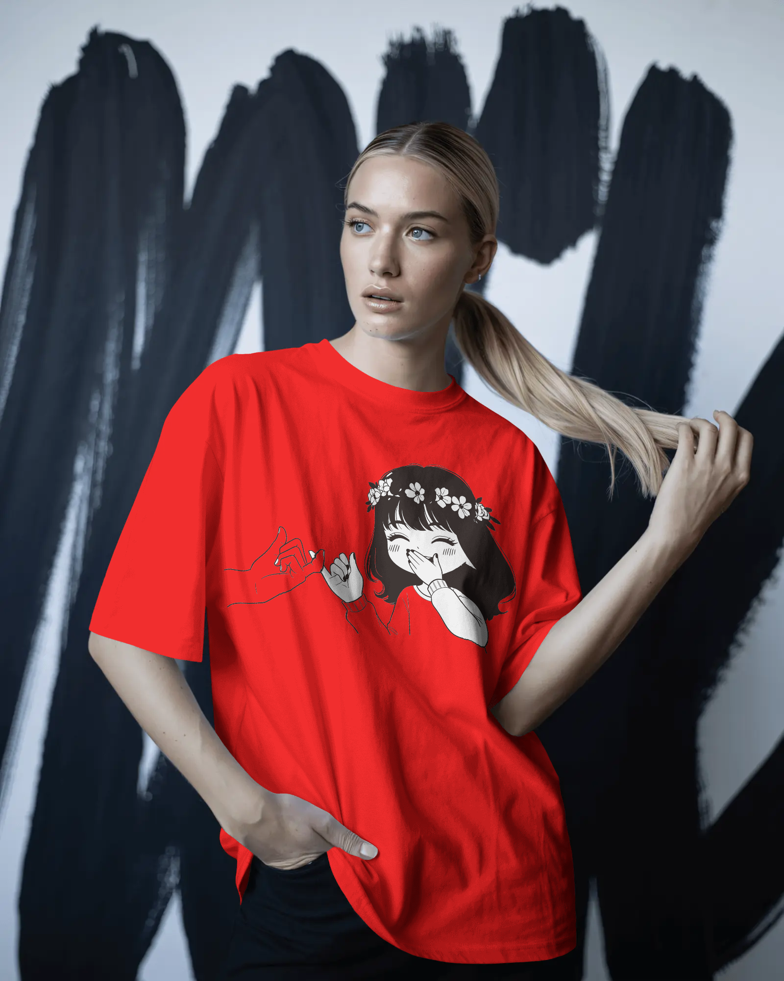 woman wearing oversized t shirt with cute girl illustration print – TAM-053 by Tanabana A Manoam